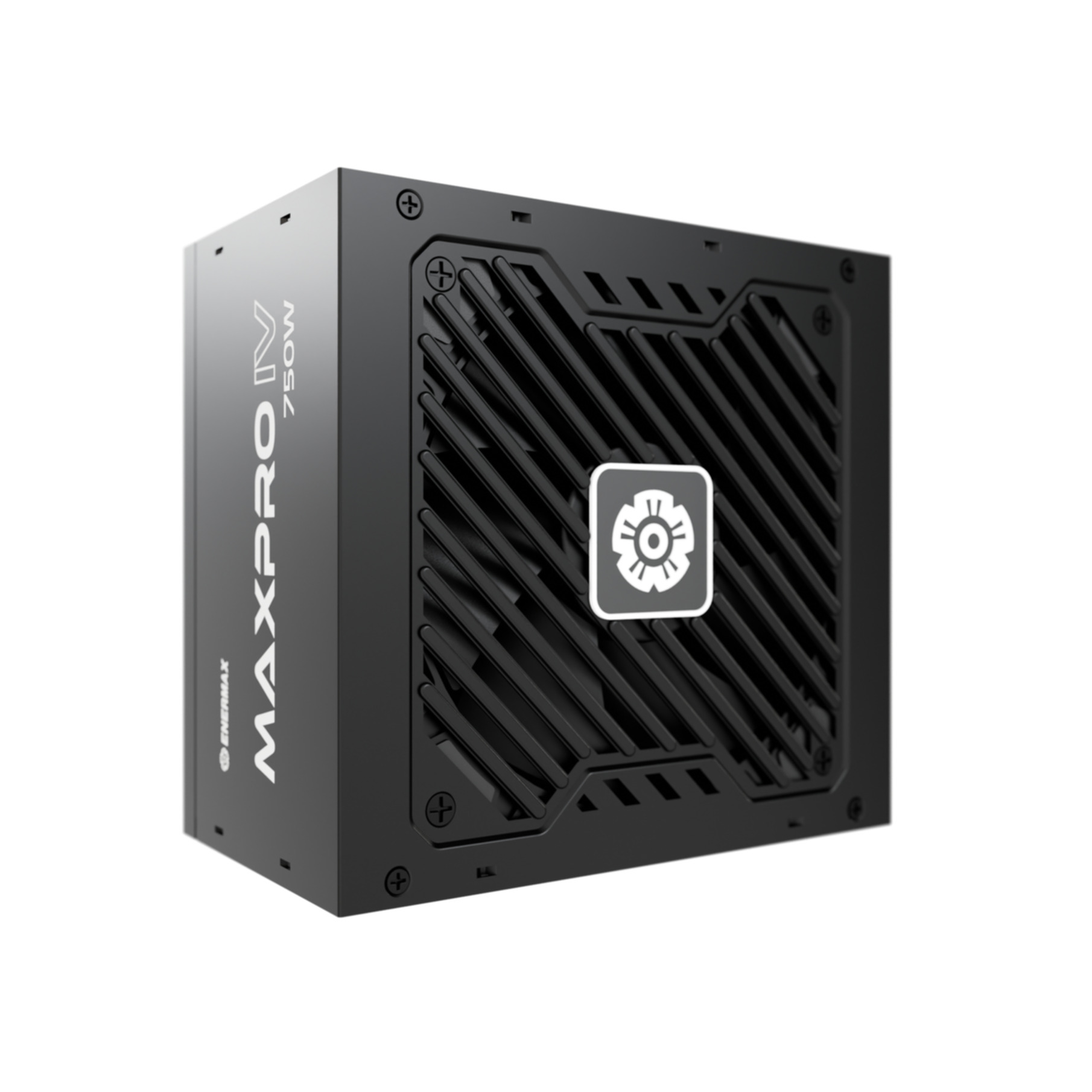 Schwarzes Enermax MaxPro IV 750W Netzteil. Mit Lüftergitter und Logo. Weißer Hintergrund.