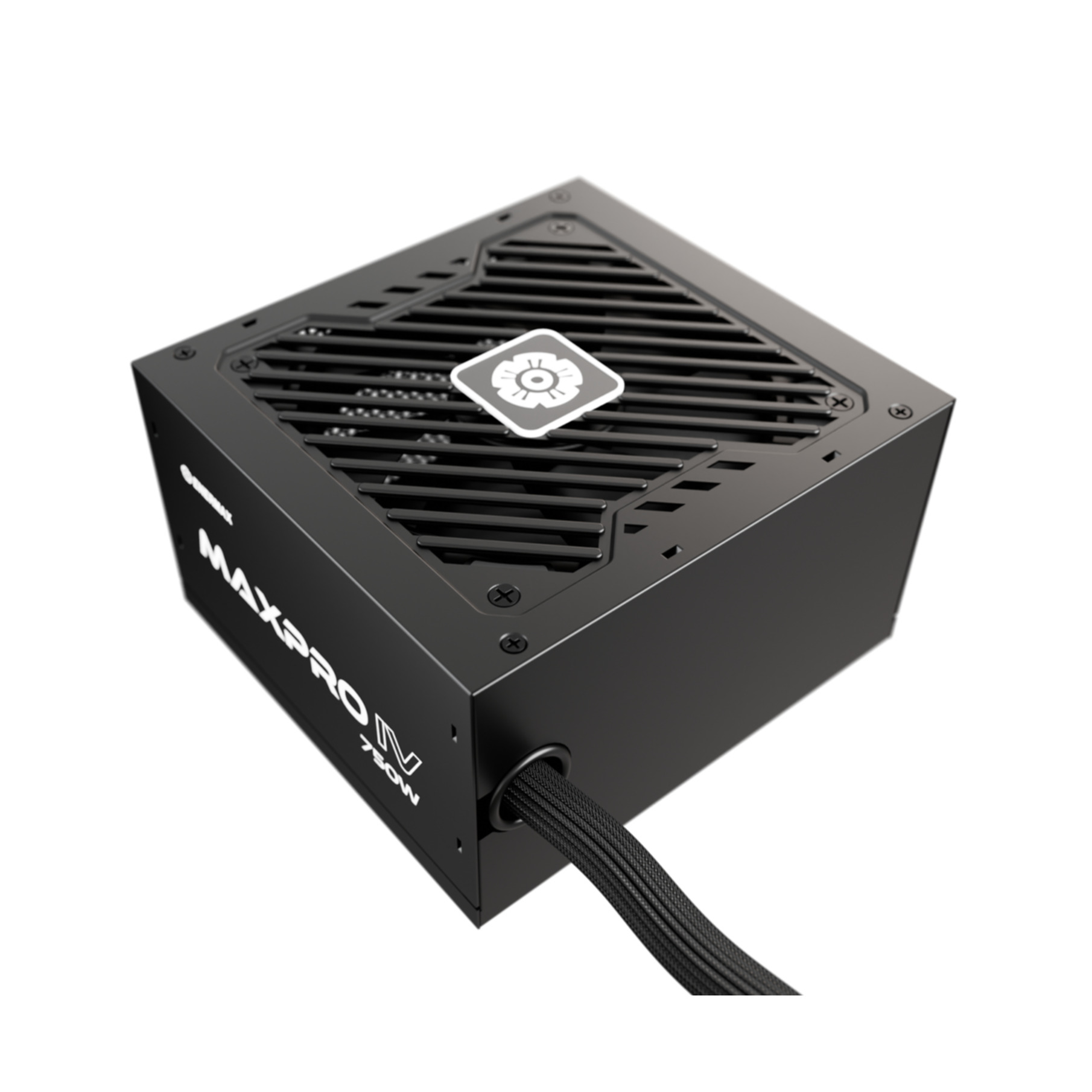 Ein schwarzes MaxPro IV 750W Netzteil. Es hat ein Lüftergitter, ein Logo und ein Kabel. Der Hintergrund ist weiß.