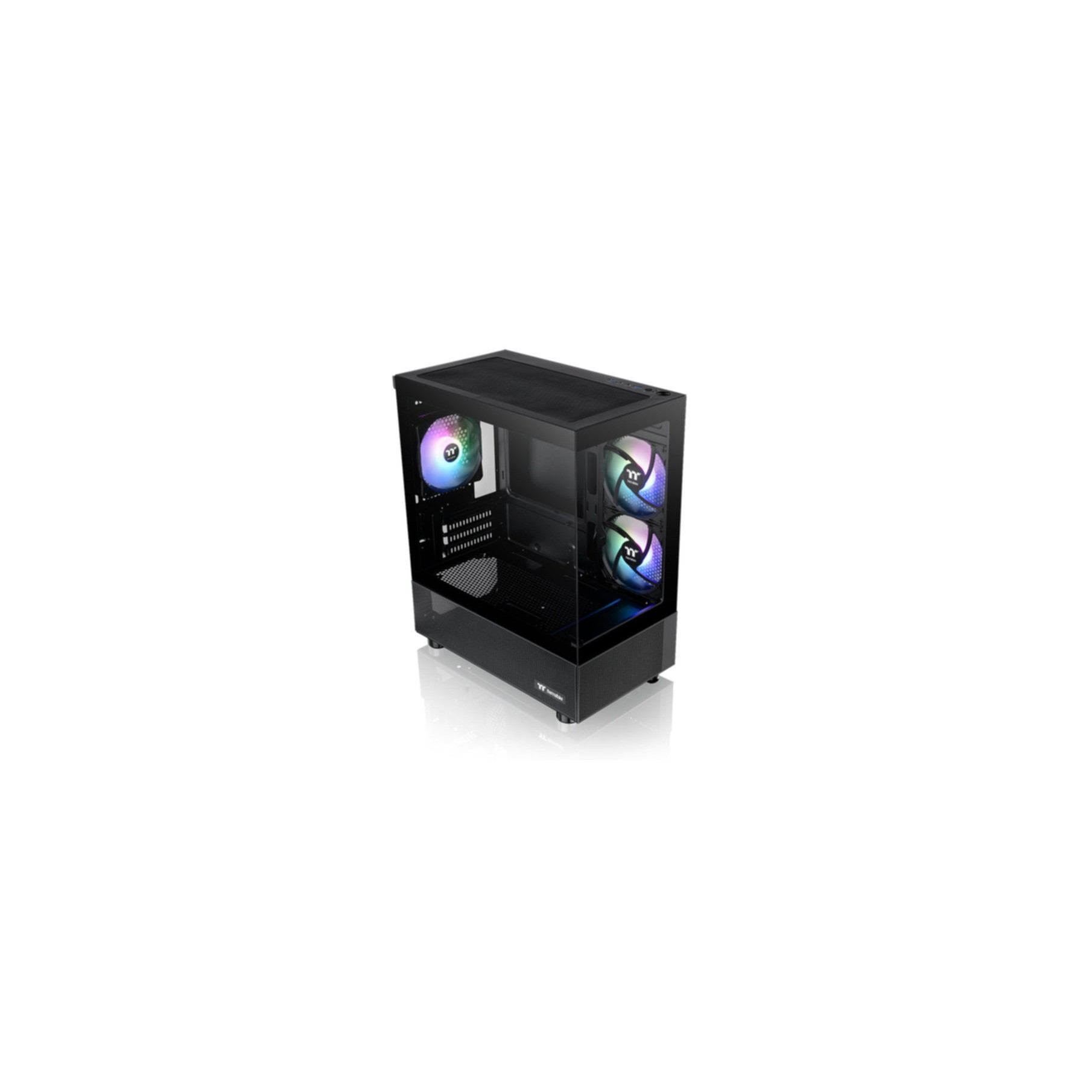 Un case per computer nero con tre ventole illuminate. Ha un pannello laterale in vetro e una parte superiore nera.