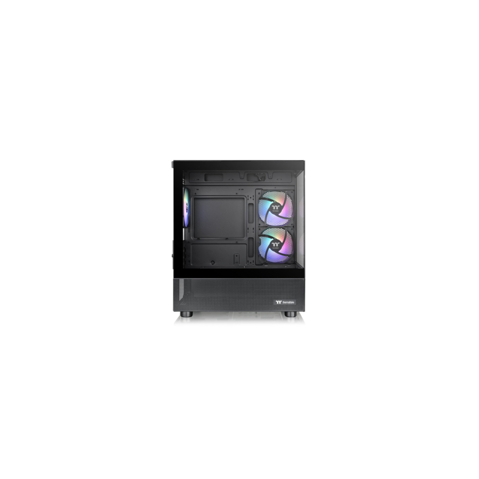 Case per computer nero con frontale e lato in vetro. Due ventole con luci arcobaleno. Logo Thermaltake in basso.