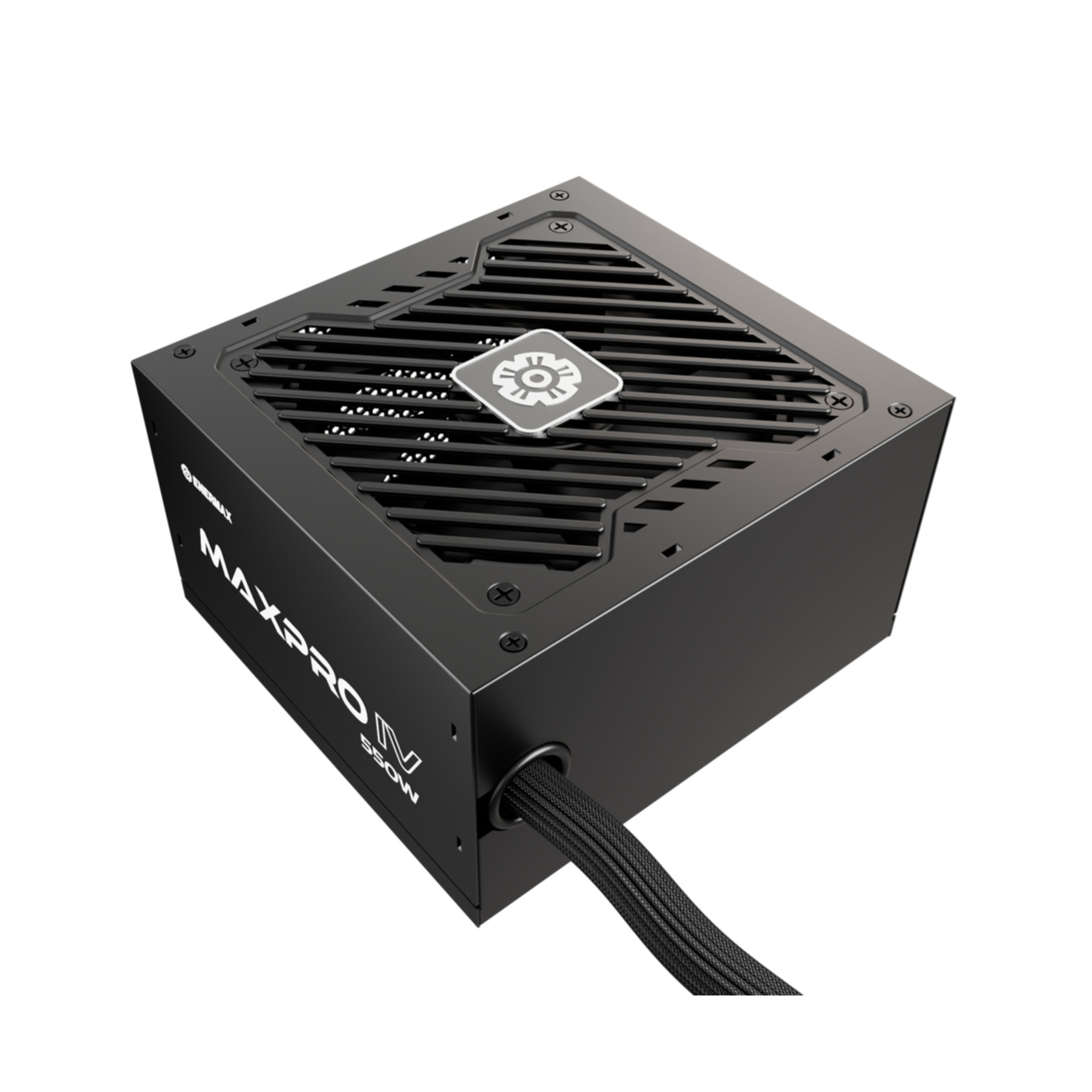 Ein schwarzes Computer-Netzteil, MAXPRO IV 550W, mit einem Logo oben und einem Kabelanschluss.