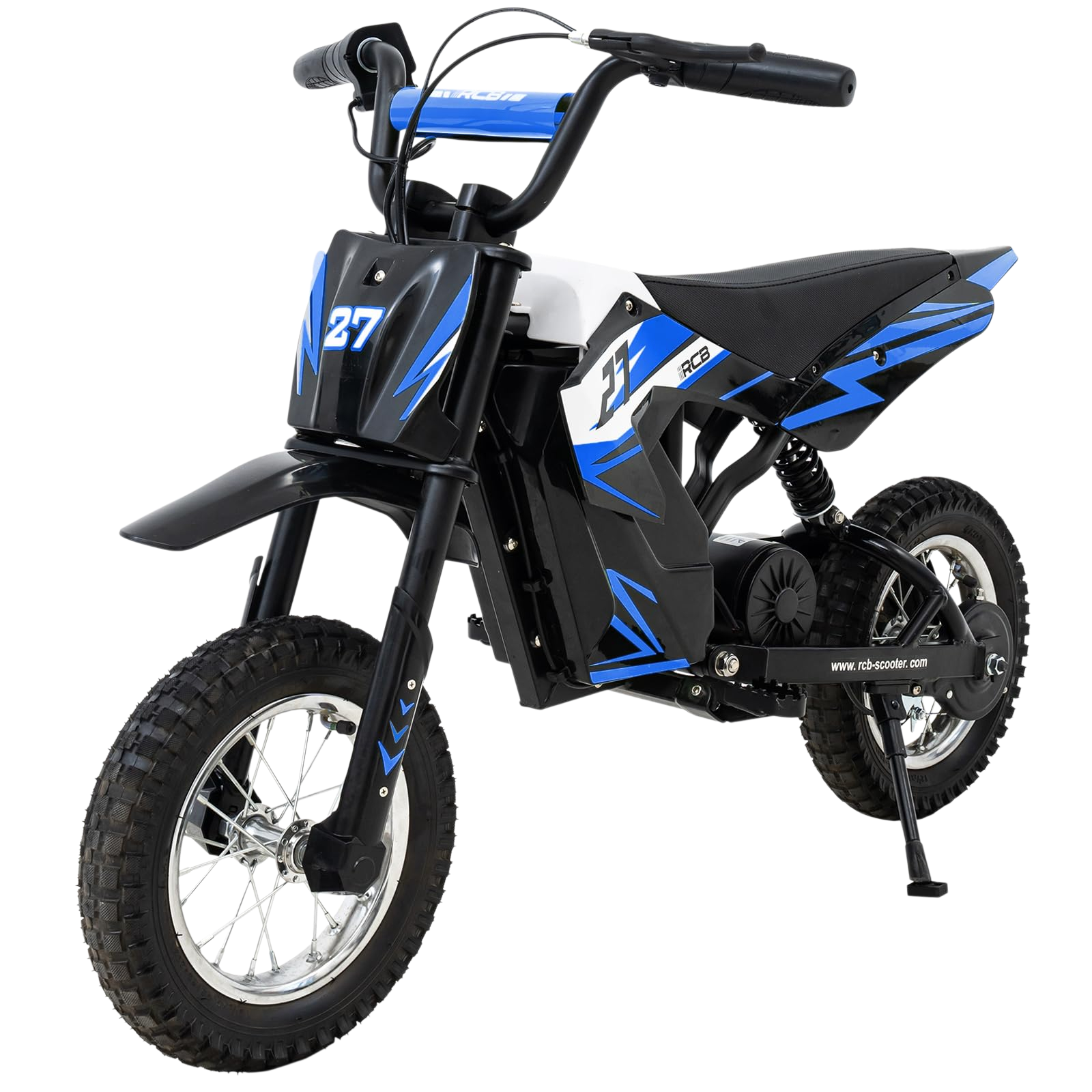 Ein schwarz-blaues Mini-Motorrad mit der Nummer 27 vorne. Der Hintergrund ist schwarz.