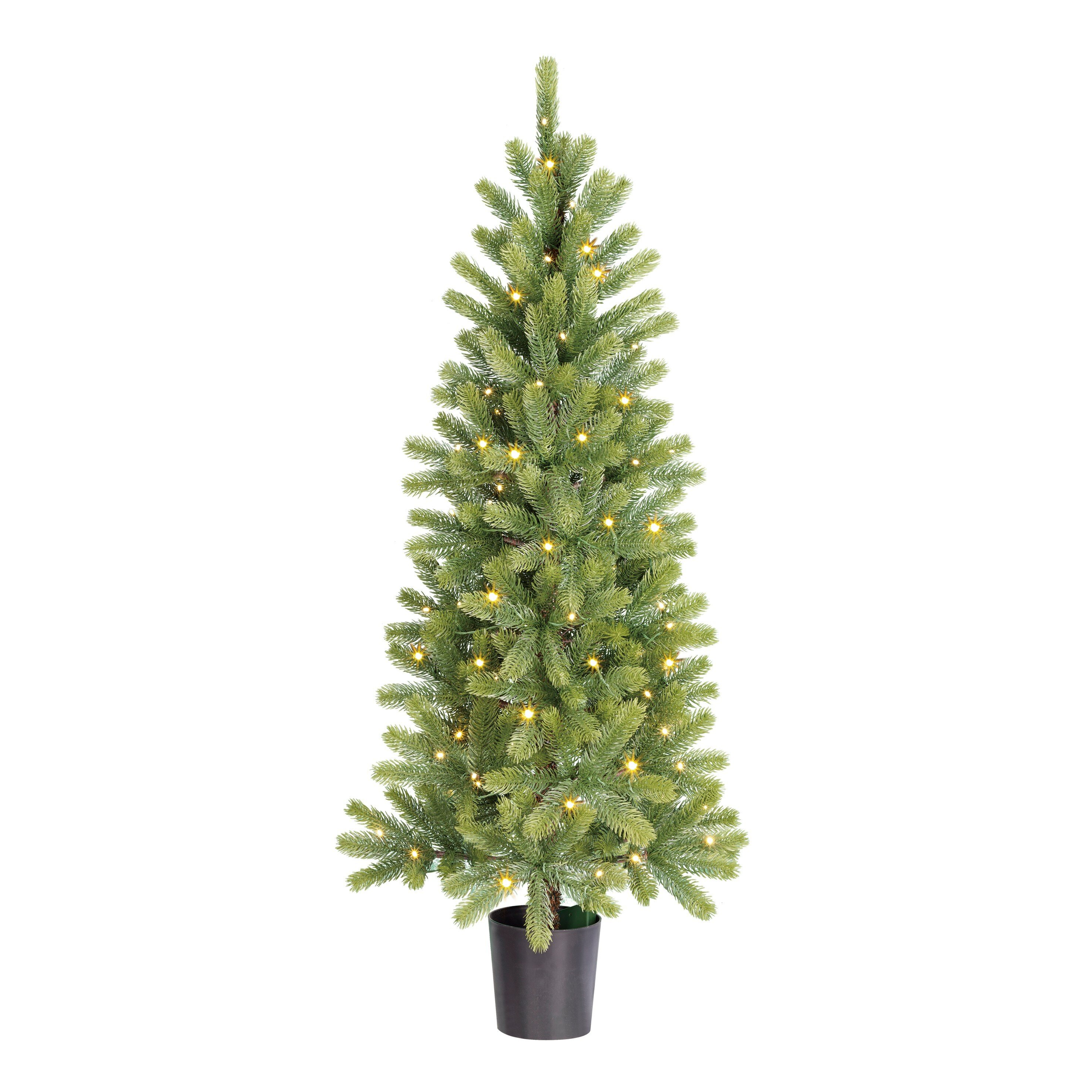 Un sapin de Noël vert avec de petites lumières jaunes, dans un pot noir, isolé sur fond blanc.