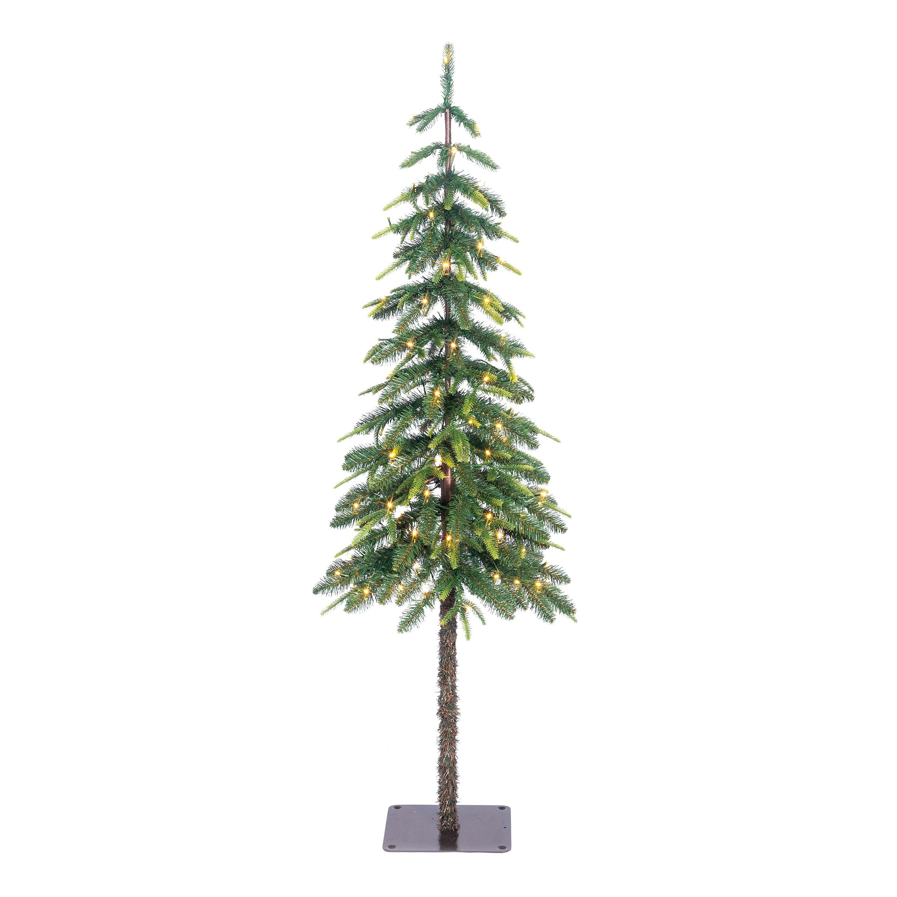 Un sapin de Noël étroit sur une base carrée. Il est vert avec de petites lumières.