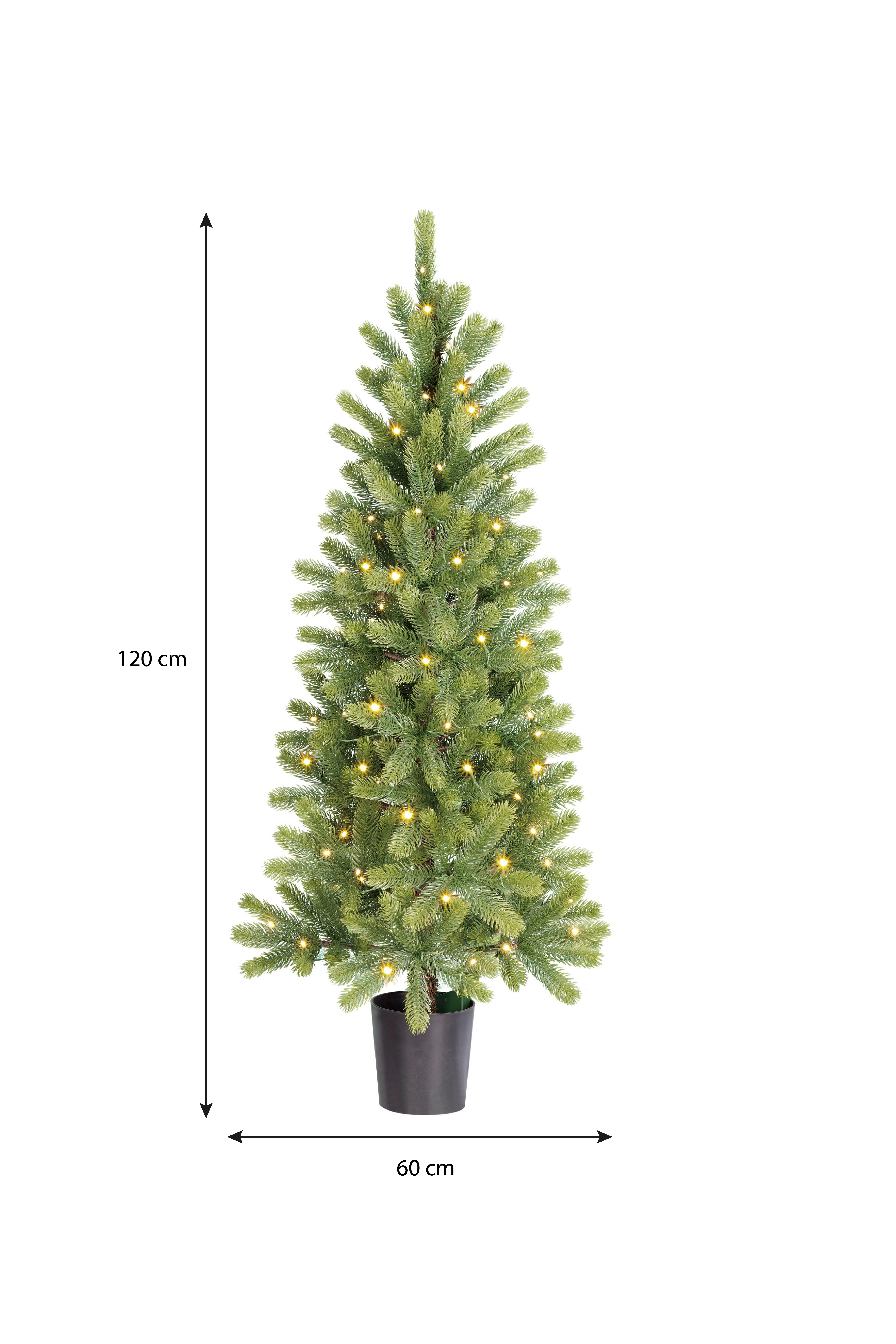 Un sapin de Noël vert dans un pot noir, avec des lumières. L'arbre mesure 120 cm de haut et 60 cm de large.