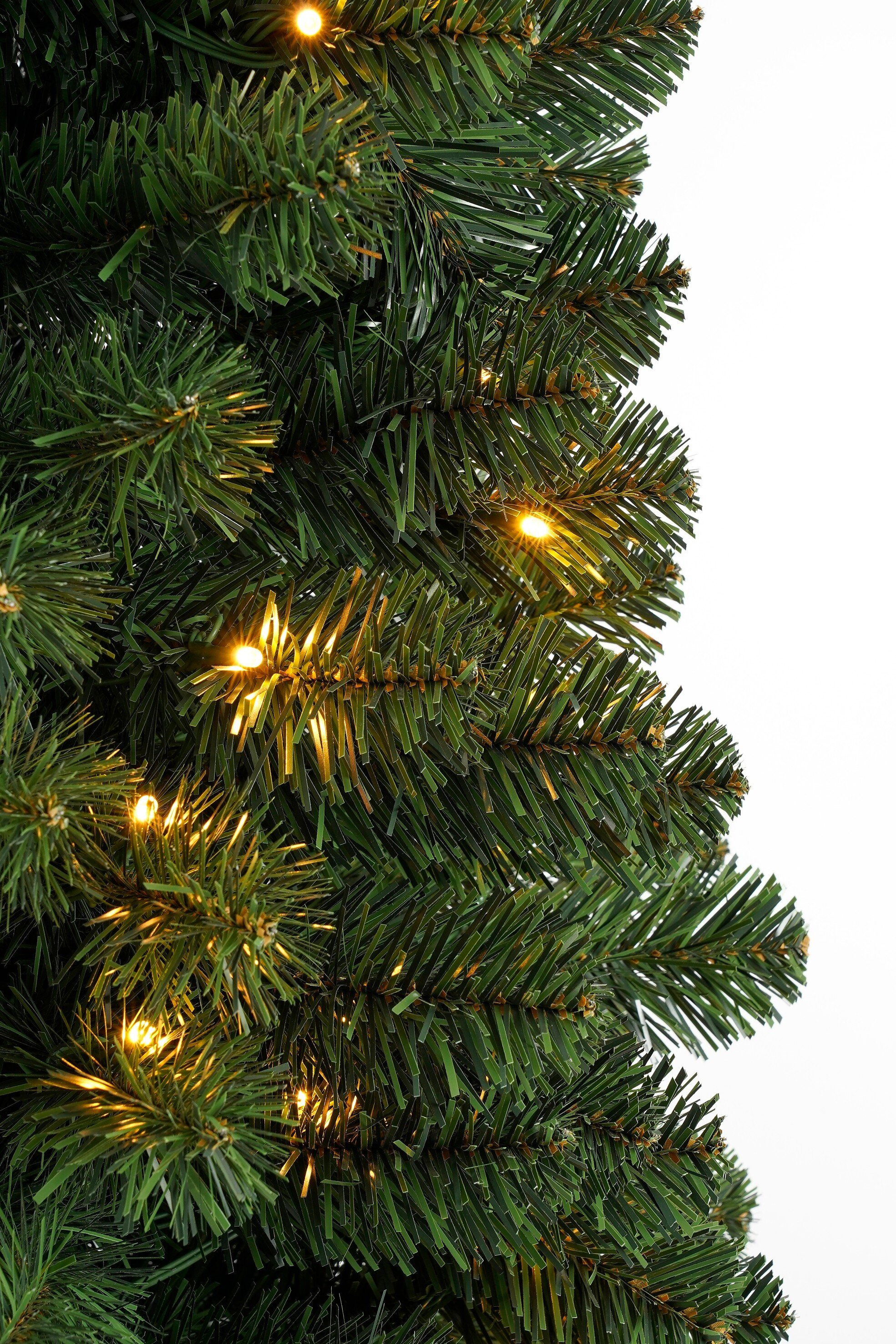 Gros plan sur un sapin de Noël vert avec de petites lumières. Le fond est blanc.