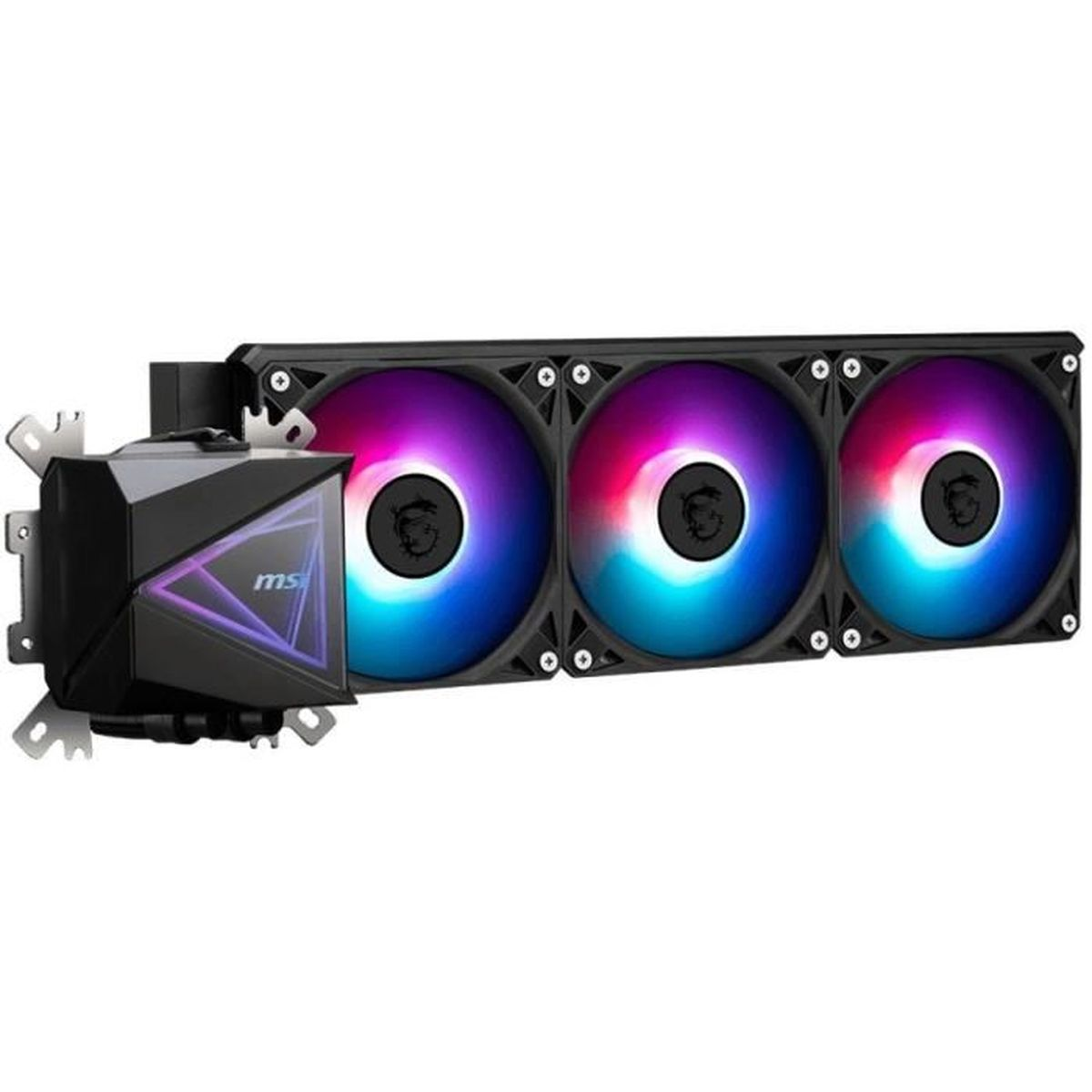 Schwarzer MSI-Flüssigkeitskühler mit drei RGB-Lüftern. Die Lüfter zeigen blaue, violette und rosa Farbverläufe. Der Kühler hat ein MSI-Logo.
