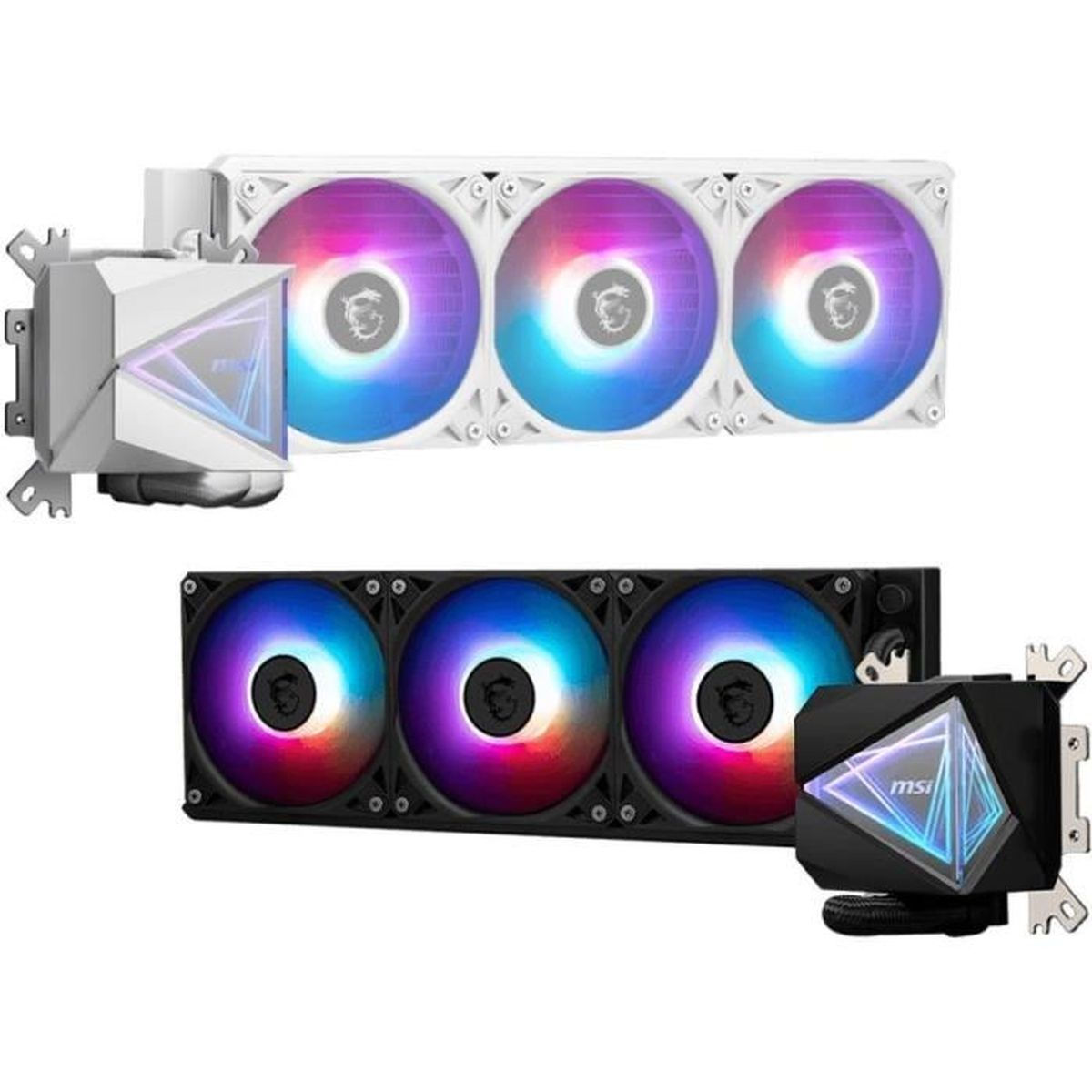 Zwei Computer-Flüssigkeitskühler mit Lüftern. Oben weiß, unten schwarz, beide mit RGB-Beleuchtung. MSI-Logo sichtbar.
