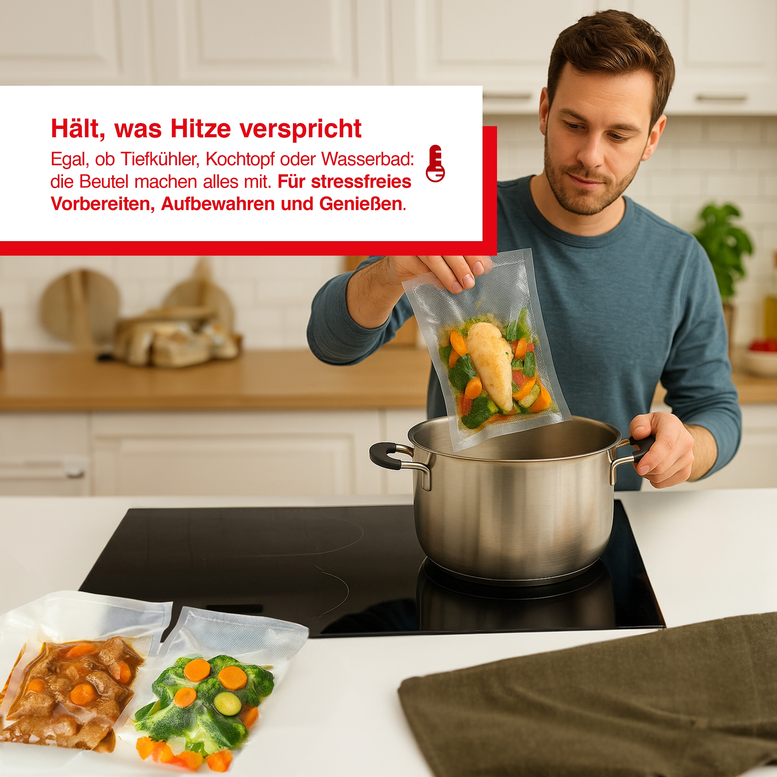 Ein Mann gibt Essen in einer Tüte in einen Topf. Gemüse und Hähnchen sind sichtbar. Der Text auf dem Bild lautet: "Hält, was Hitze verspricht".