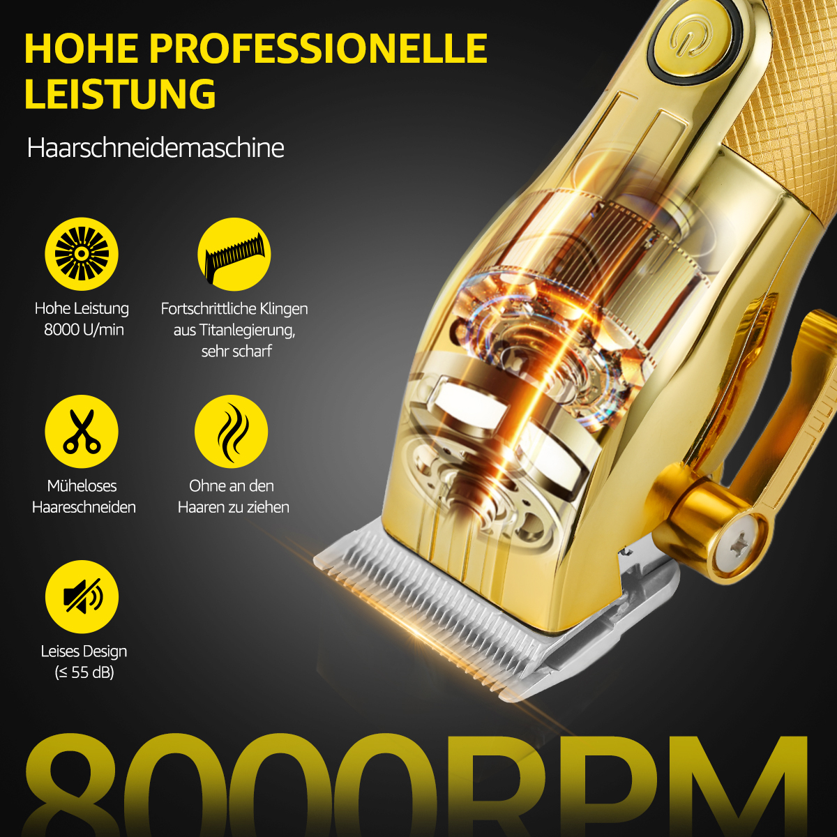 Goldene Haarschneidemaschine mit sichtbaren Innenteilen. Text hebt hohe Leistung, scharfe Klingen und leisen Betrieb hervor.