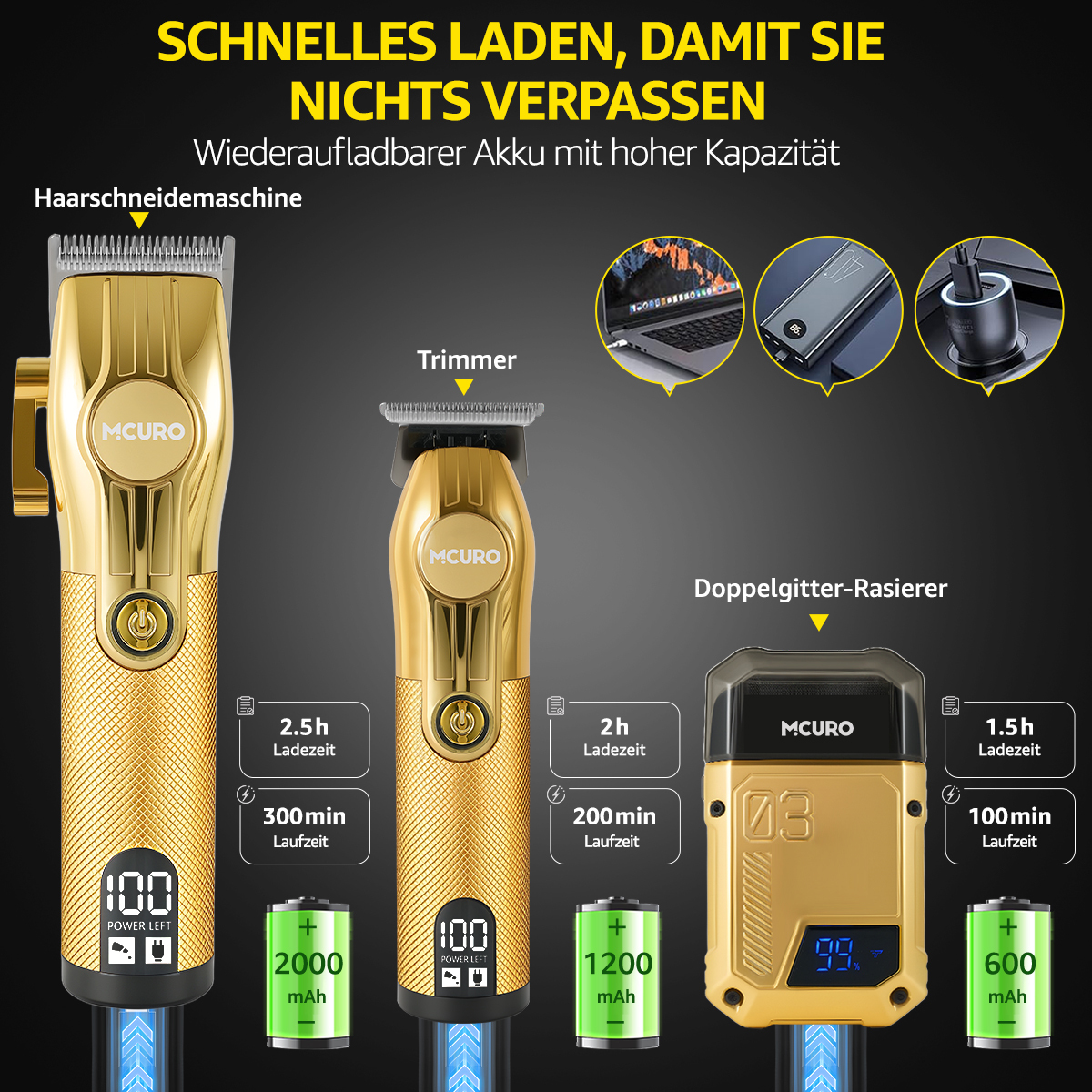 Das Bild zeigt drei goldene Haarschneidemaschinen mit Batterien und Ladezeiten. Text erklärt schnelles Laden und Batteriekapazität.