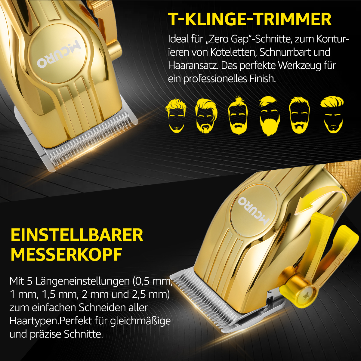 Goldener Haarschneider mit verstellbarer Klinge, Text und Diagramme verschiedener Frisuren auf schwarzem Hintergrund.
