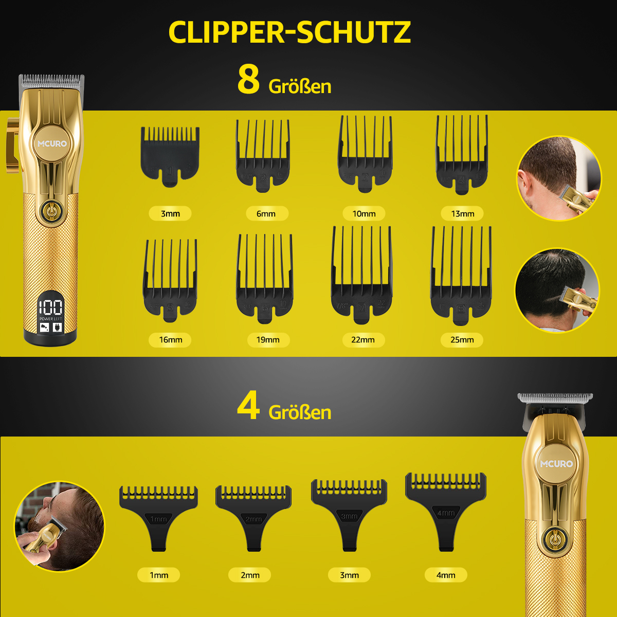 Das Bild zeigt einen goldenen Haarschneider mit verschiedenen Kammaufsätzen und Anwendungsbeispielen. Text weist auf den Klingenschutz und Größen hin.