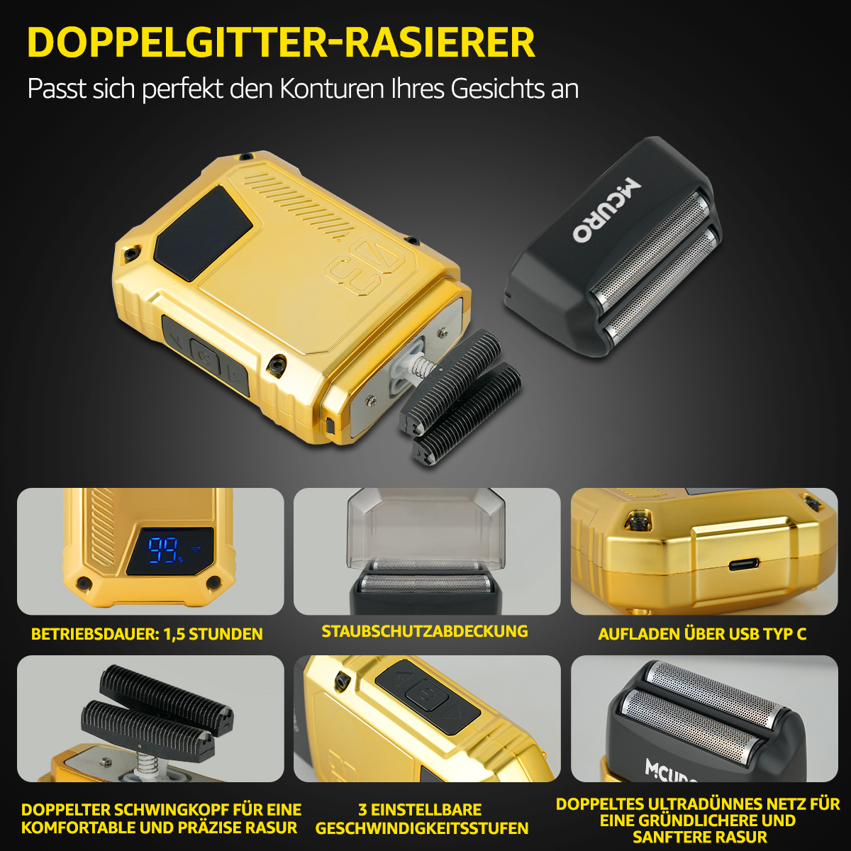 Ein goldener Elektrorasierer mit schwarzen Klingen und einem schwarzen Kopf. Deutscher Text beschreibt Funktionen wie Akkulaufzeit und USB-Aufladung.