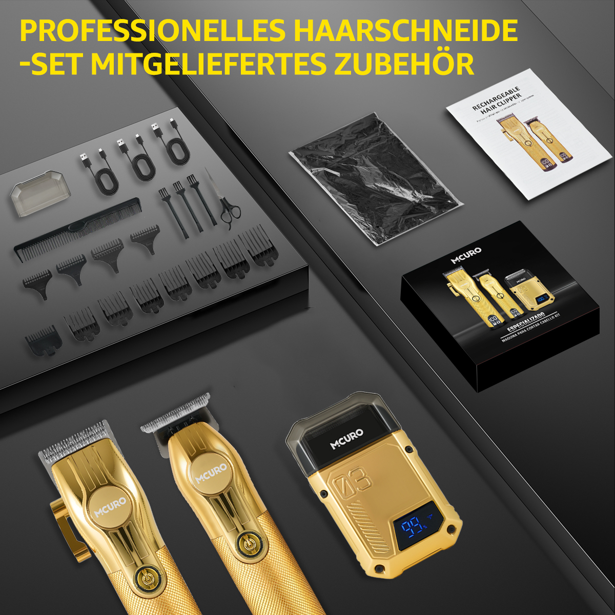 Ein goldenes Haarschneide-Set mit mehreren Aufsätzen, einer Ladestation und einem Booklet, alles auf schwarzem Untergrund.