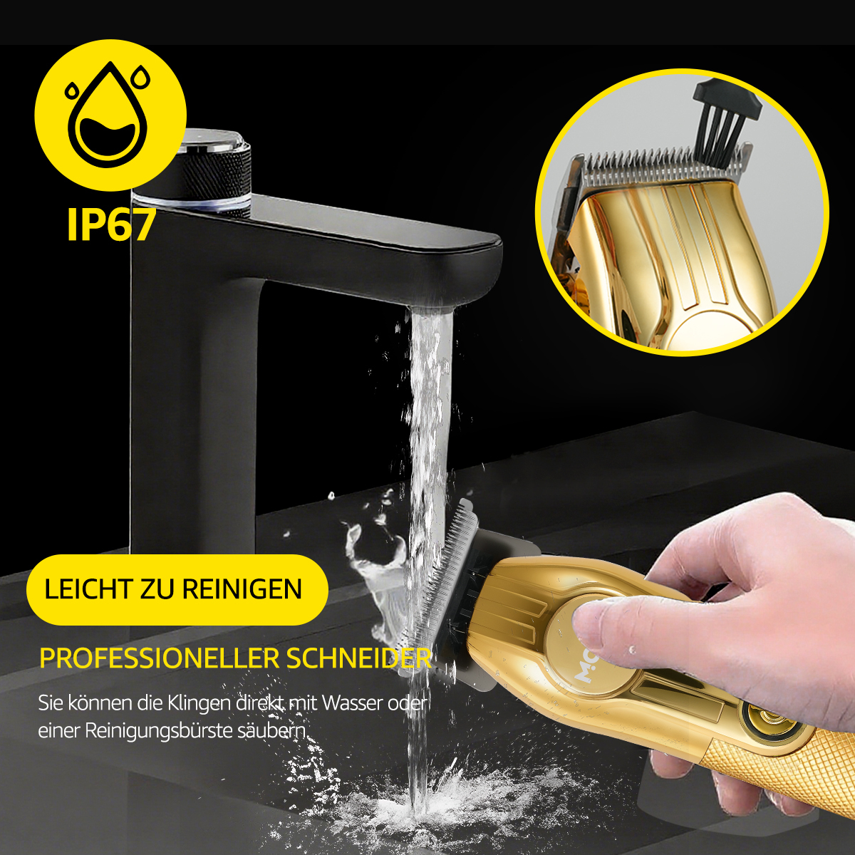 Ein goldener Haarschneider wird unter fließendem Wasser aus einem schwarzen Wasserhahn gereinigt. Eine Nahaufnahme zeigt den Scherkopf und die Klingen.