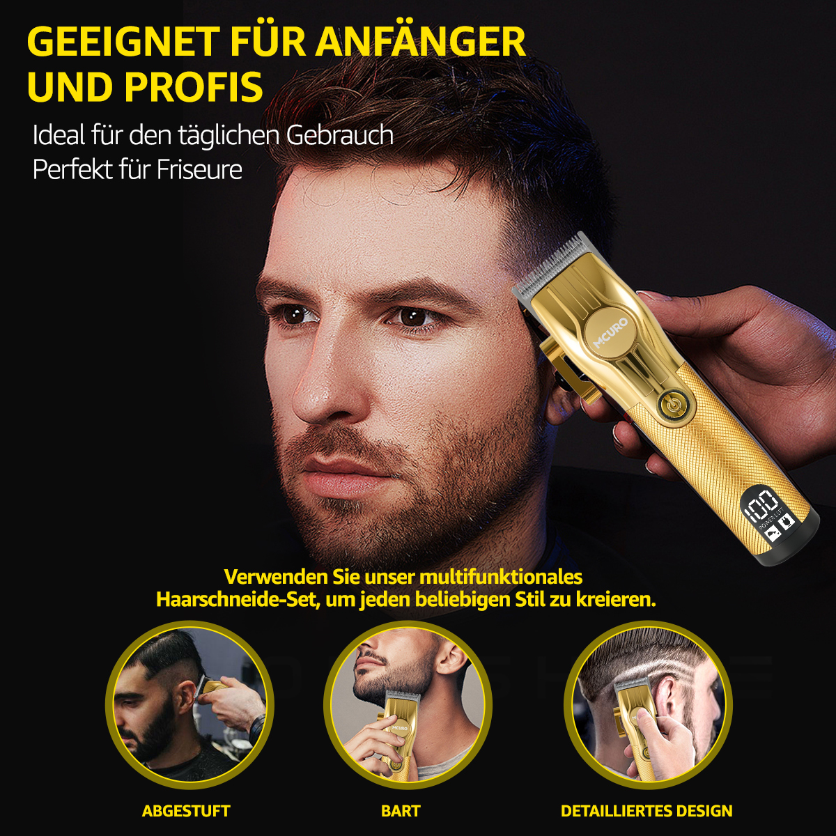 Mann benutzt einen goldenen Haarschneider. Text sagt: 'Geeignet für Anfänger und Profis'. Enthält Frisuren, Bart und detailliertes Design.