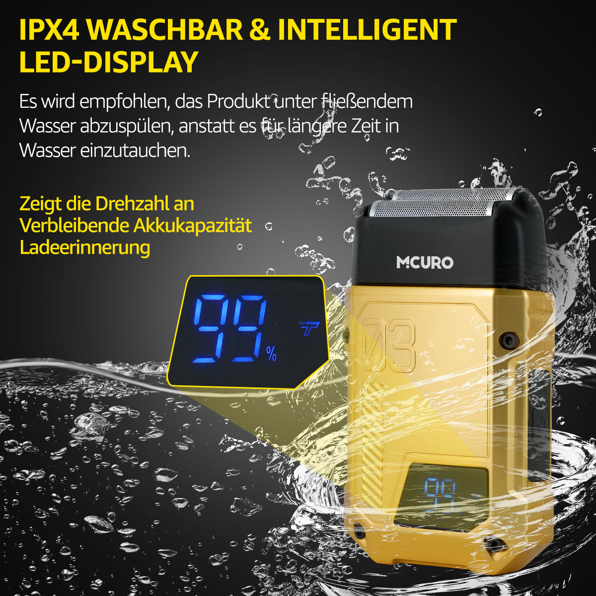 Goldener Elektrorasierer mit Digitalanzeige, die 99% anzeigt. Umgeben von Wassertropfen.