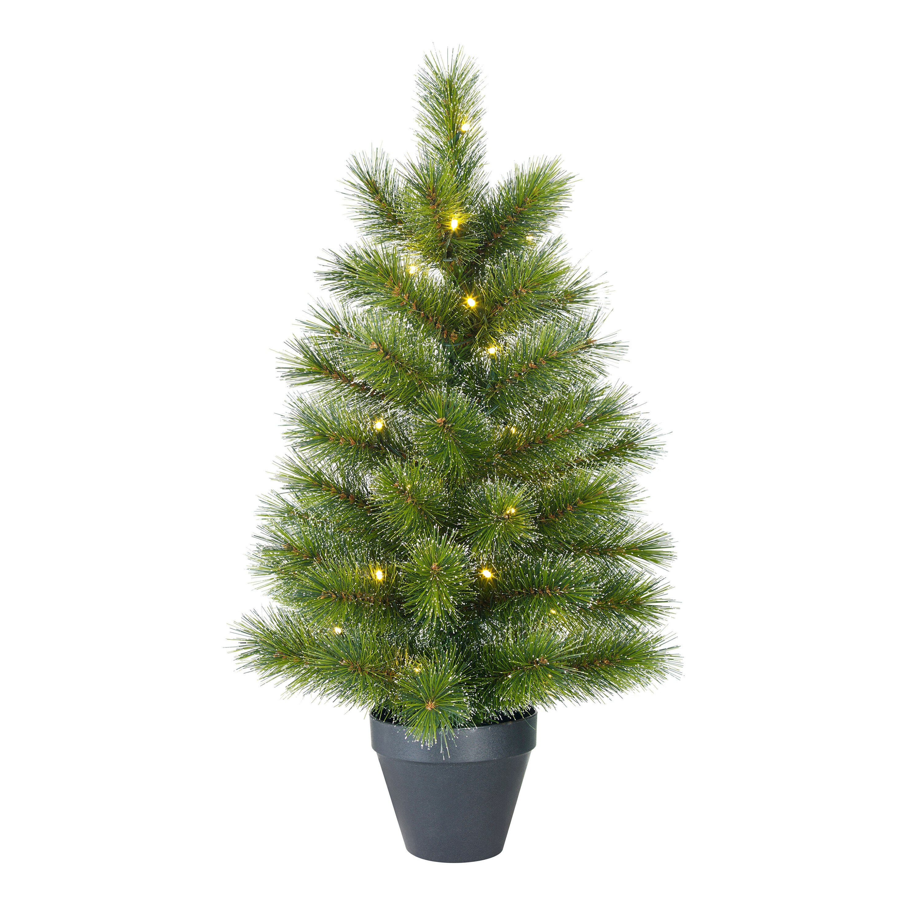 Un petit sapin de Noël artificiel dans un pot gris. Il a des aiguilles vertes et de petites lumières jaunes.
