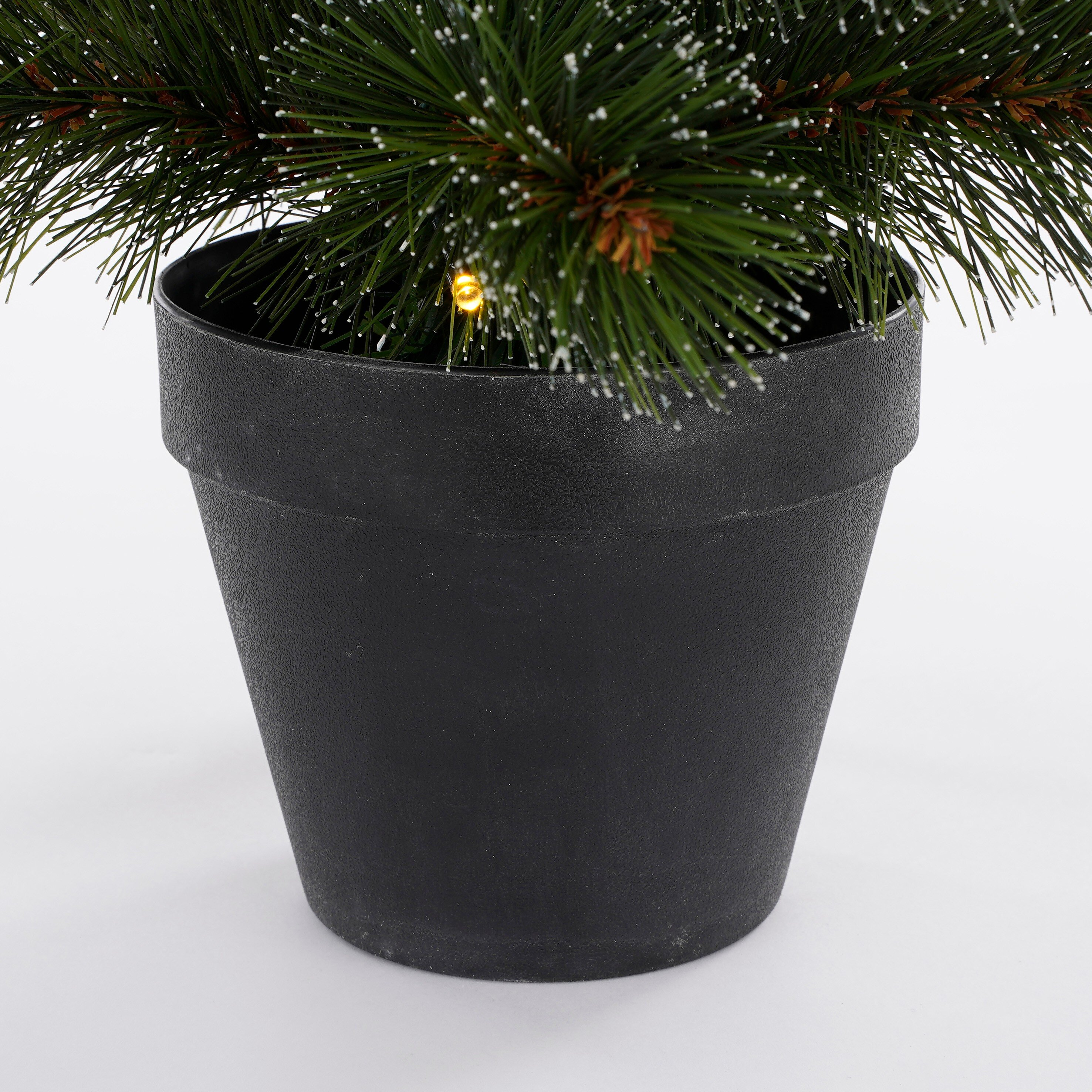 Un petit sapin de Noël dans un pot noir. L'arbre a des aiguilles vertes et des pointes blanches. Une lumière brille à l'intérieur.