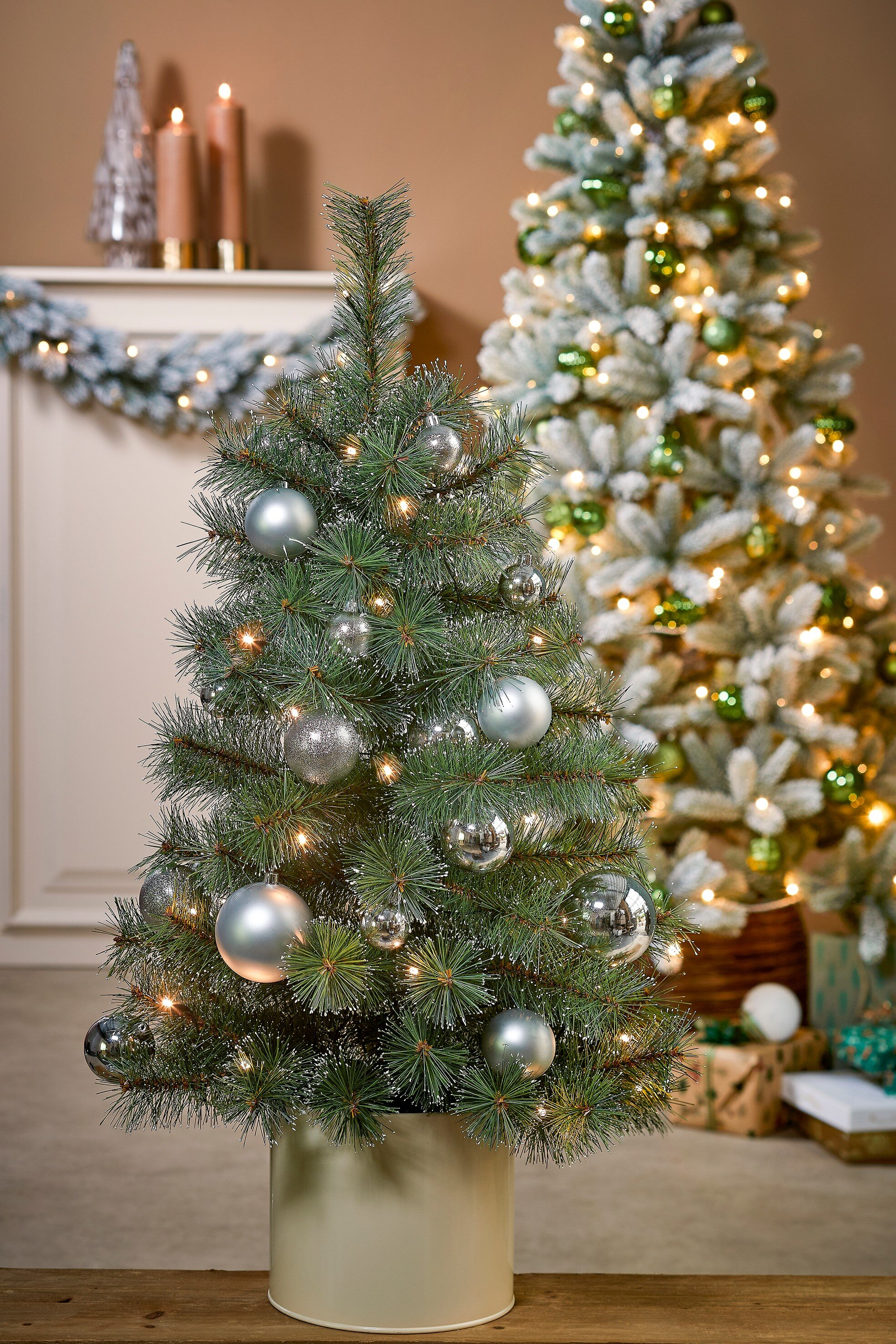 Un petit sapin de Noël avec des ornements argentés, des lumières et un grand arbre en arrière-plan. Des cadeaux sont visibles.
