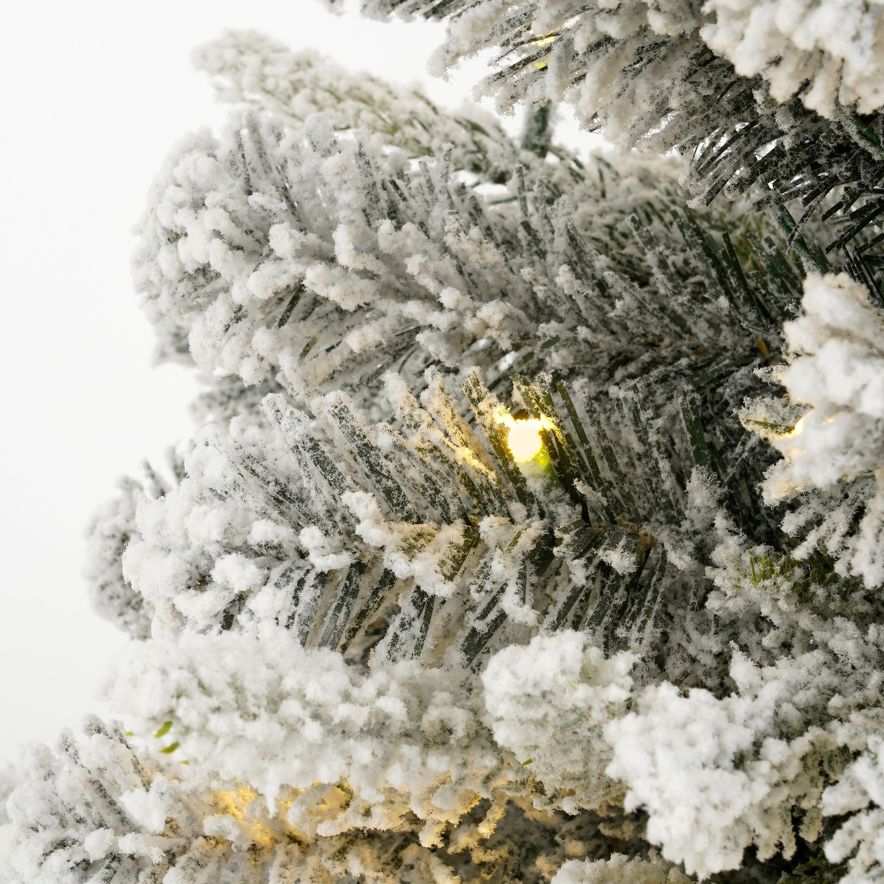 Gros plan sur un sapin de Noël enneigé, avec des lumières vives. De la neige blanche et duveteuse recouvre les aiguilles vertes.