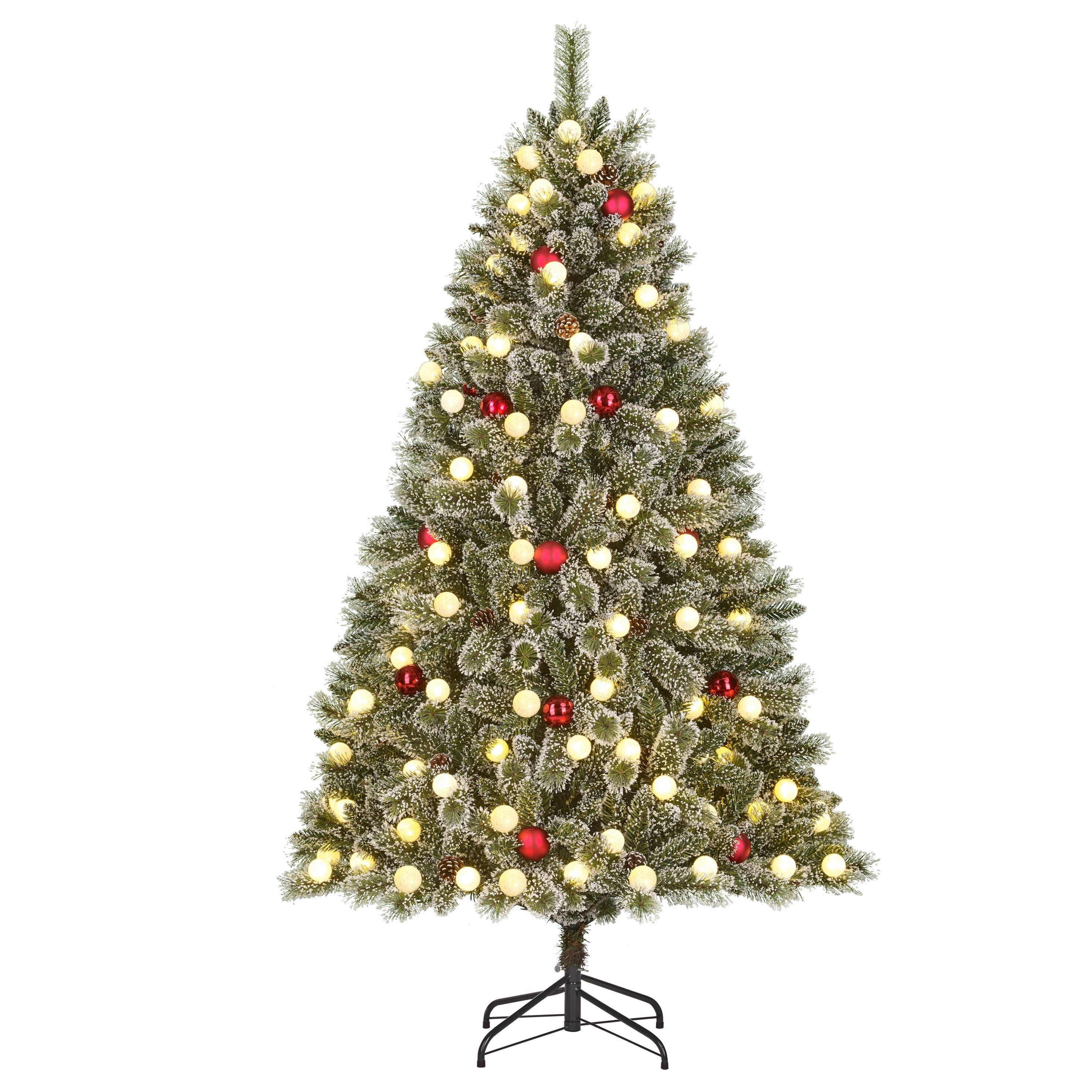 Un sapin de Noël décoré avec des ornements rouges et des lumières. L'arbre est sur un support noir, isolé sur blanc.