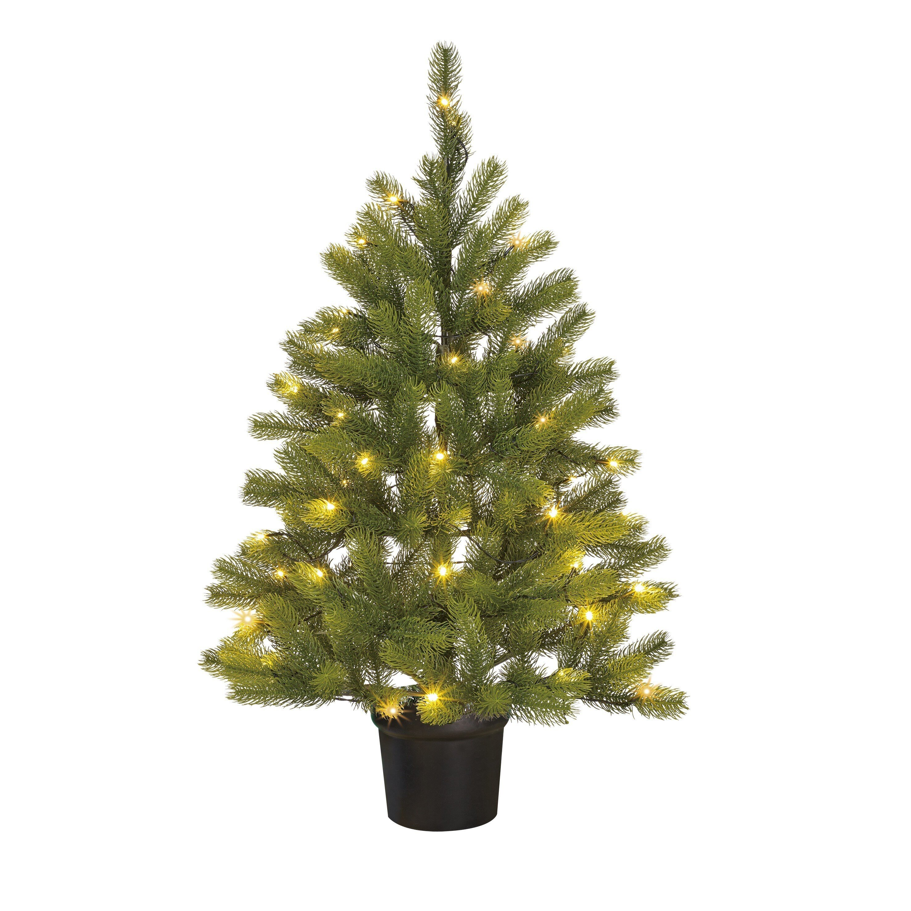 Un petit sapin de Noël vert avec des lumières jaunes, dans un pot noir, sur fond blanc.
