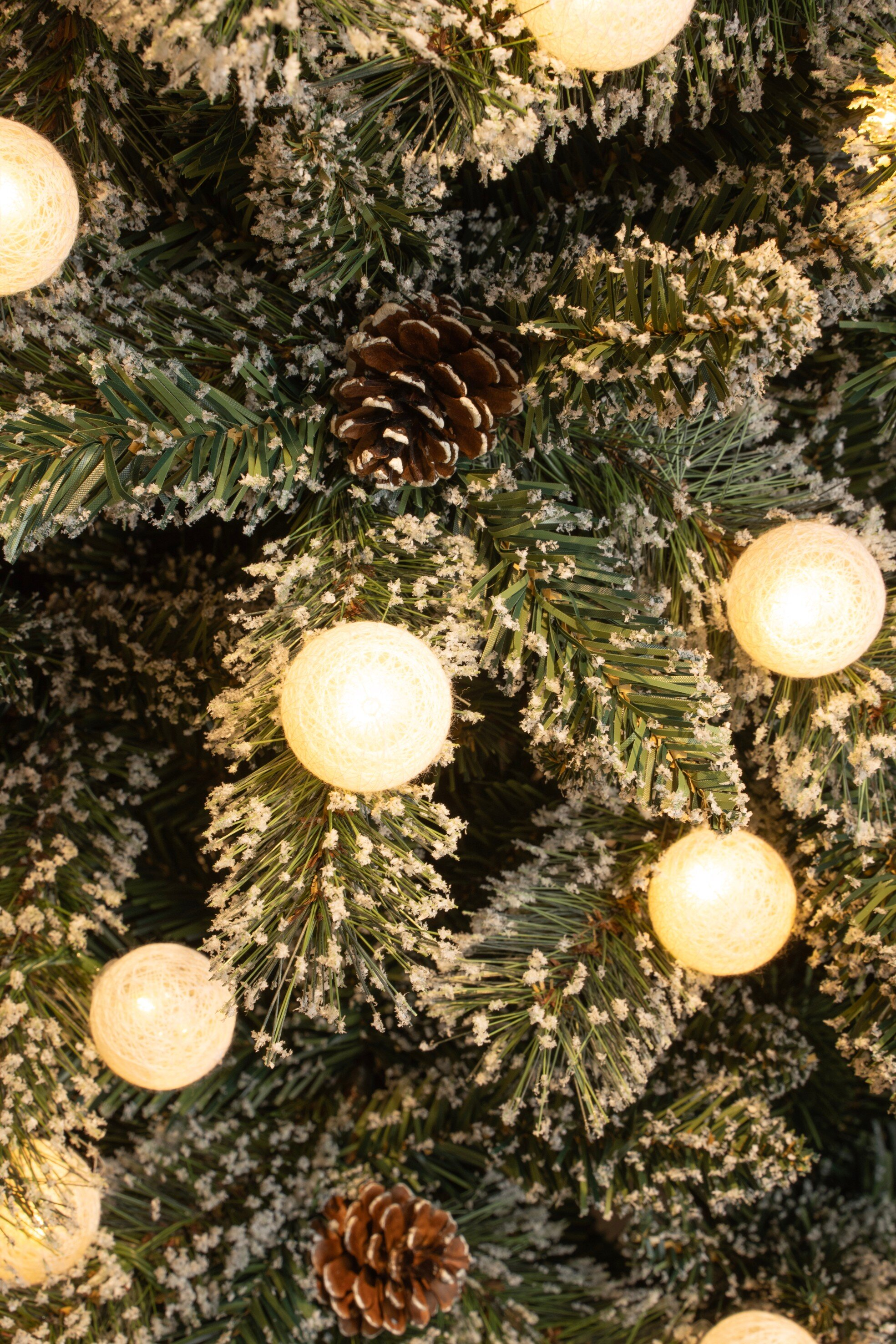 Gros plan d'un sapin de Noël avec des pommes de pin, des accents de neige et des lumières sphériques brillantes.