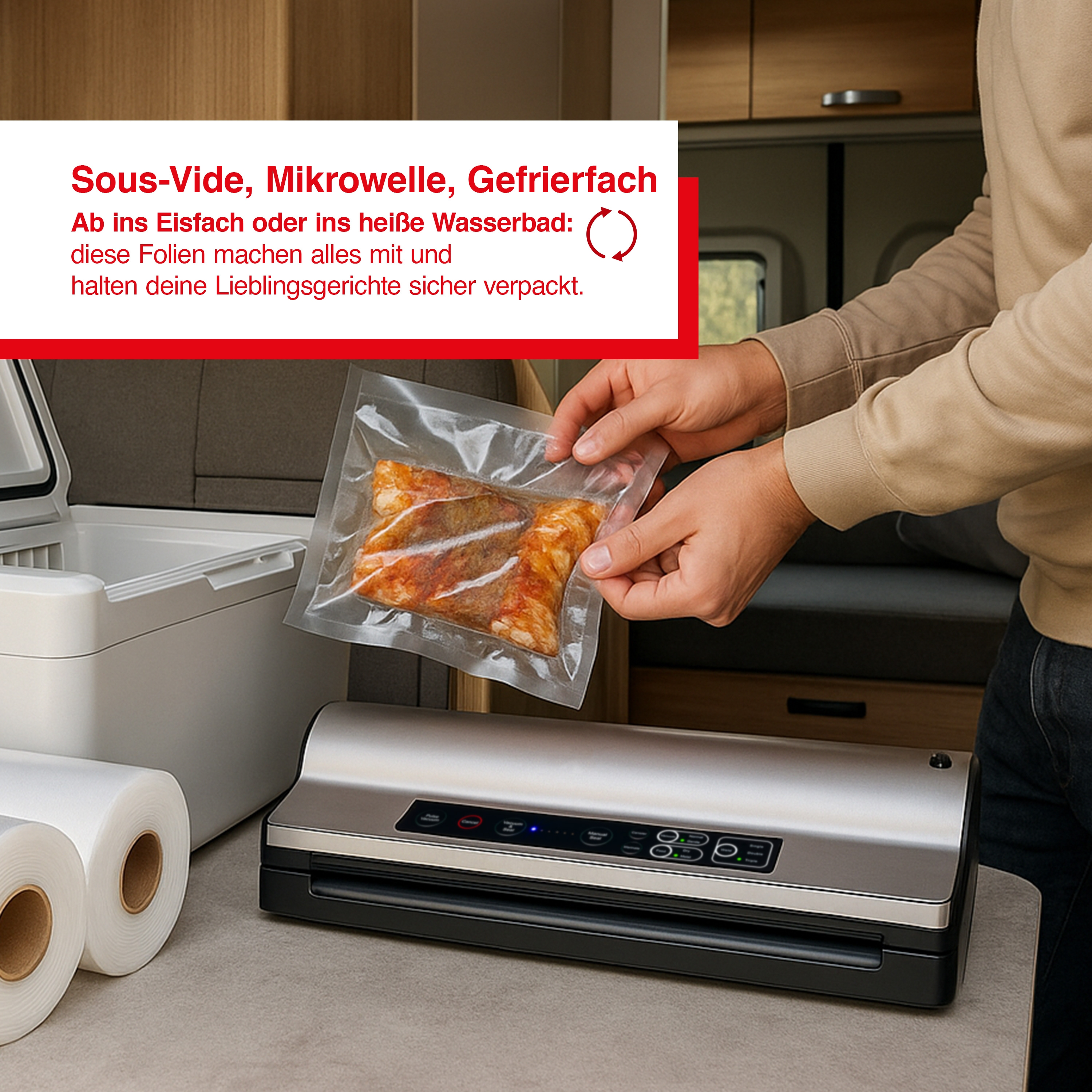 Eine Person hält einen versiegelten Beutel mit Essen, ein Vakuumiergerät, Plastikrollen und eine Kühlbox.