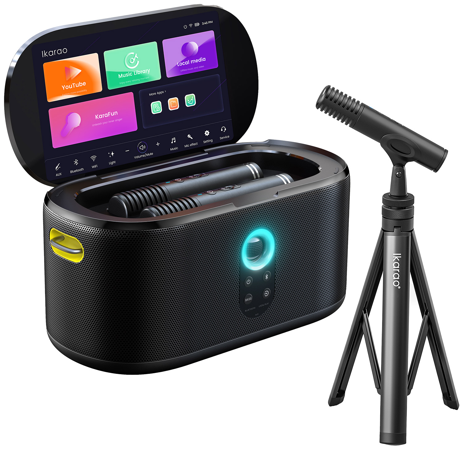 IKARAO Partybox Mikrofon Standlı Shell S1 280W Karaoke Bluetooth Hoparlör Seti Siyah