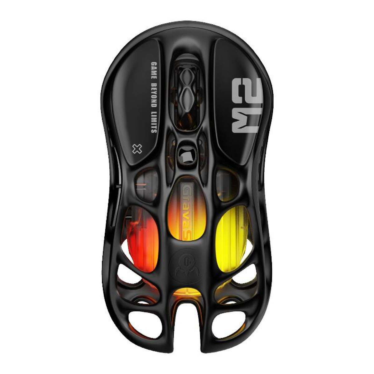 Czarna mysz do gier z napisem "GAME BEYOND LIMITS" i "M2". Posiada czerwone i żółte podświetlenie wewnętrzne.