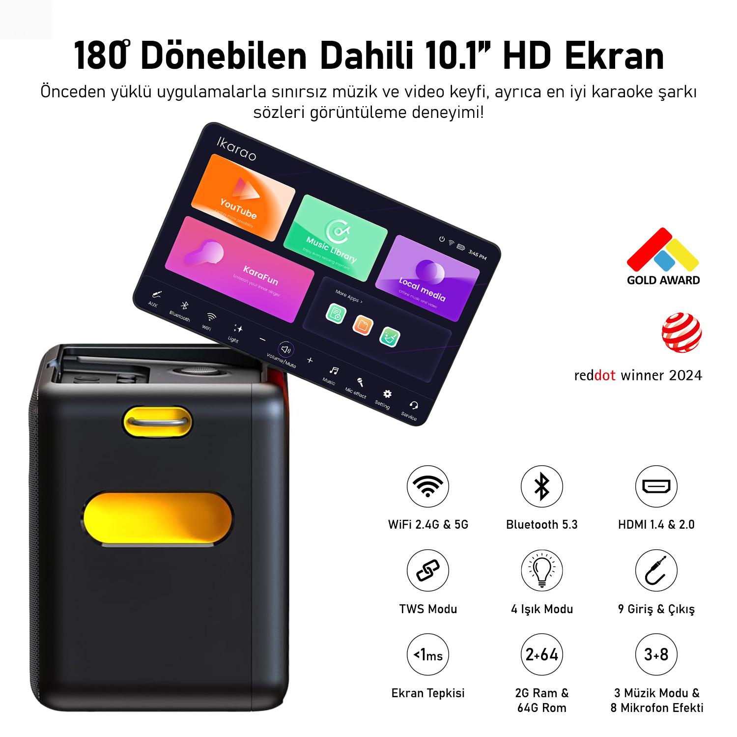 Siyah karaoke makinesi, ekranlı. Özellikler: WiFi, Bluetooth, HDMI ve çeşitli modlar.