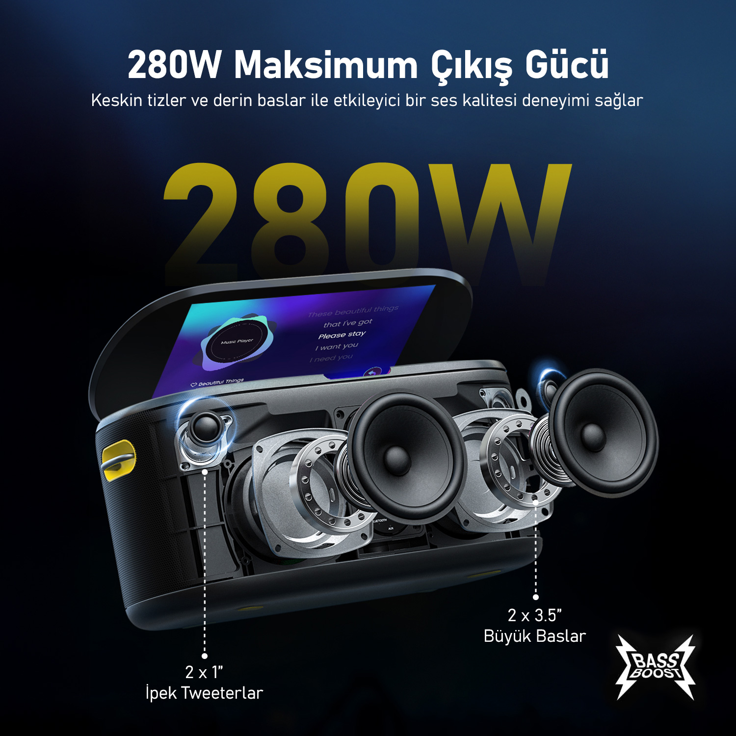 280W maksimum çıkış gücüne sahip bir hoparlör. Hoparlörün iç bileşenlerini gösterir. Türkçe ve İngilizce metin.