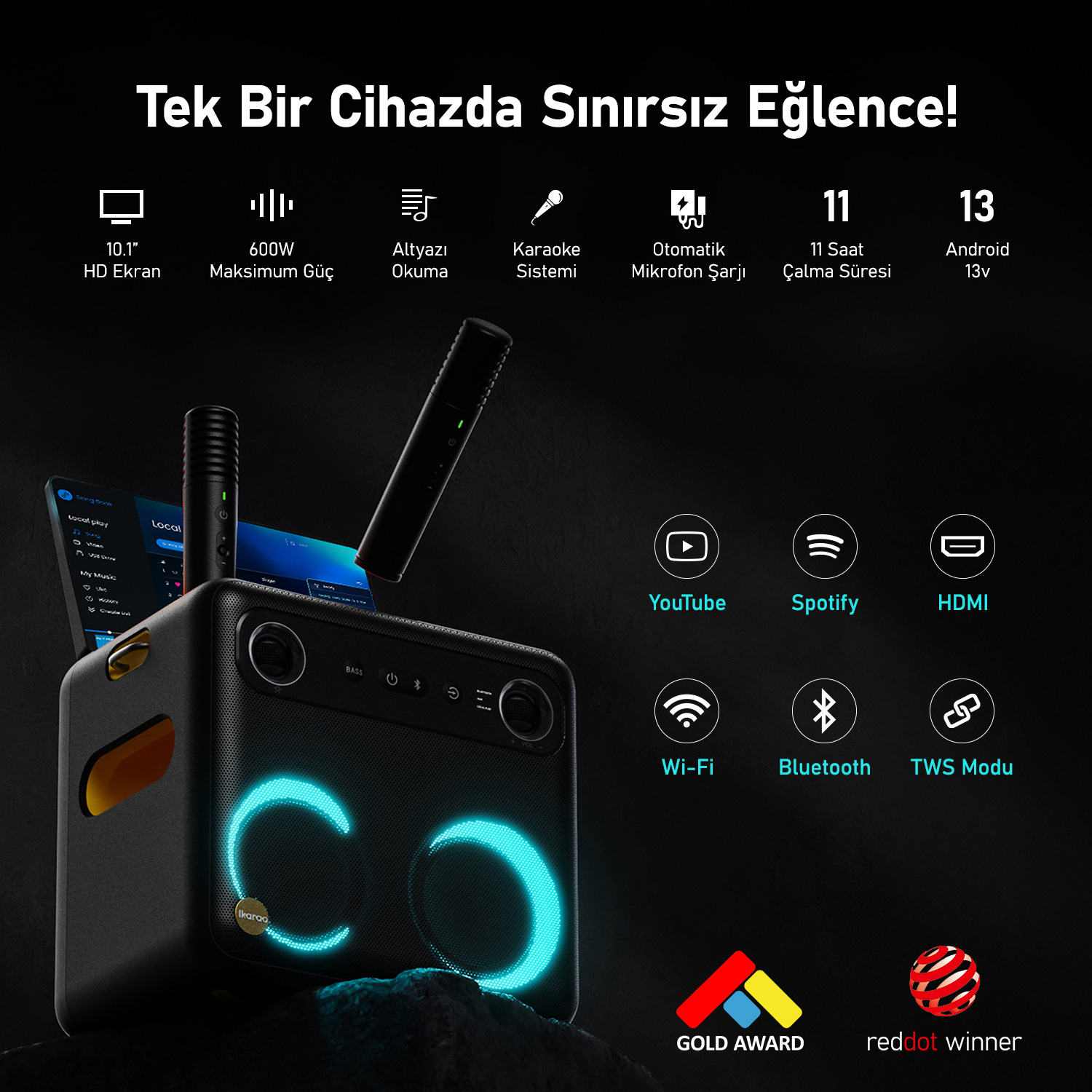 IKARAO Partybox Hoparlör ve Mikrofon Standlı Break X2 300W Karaoke
