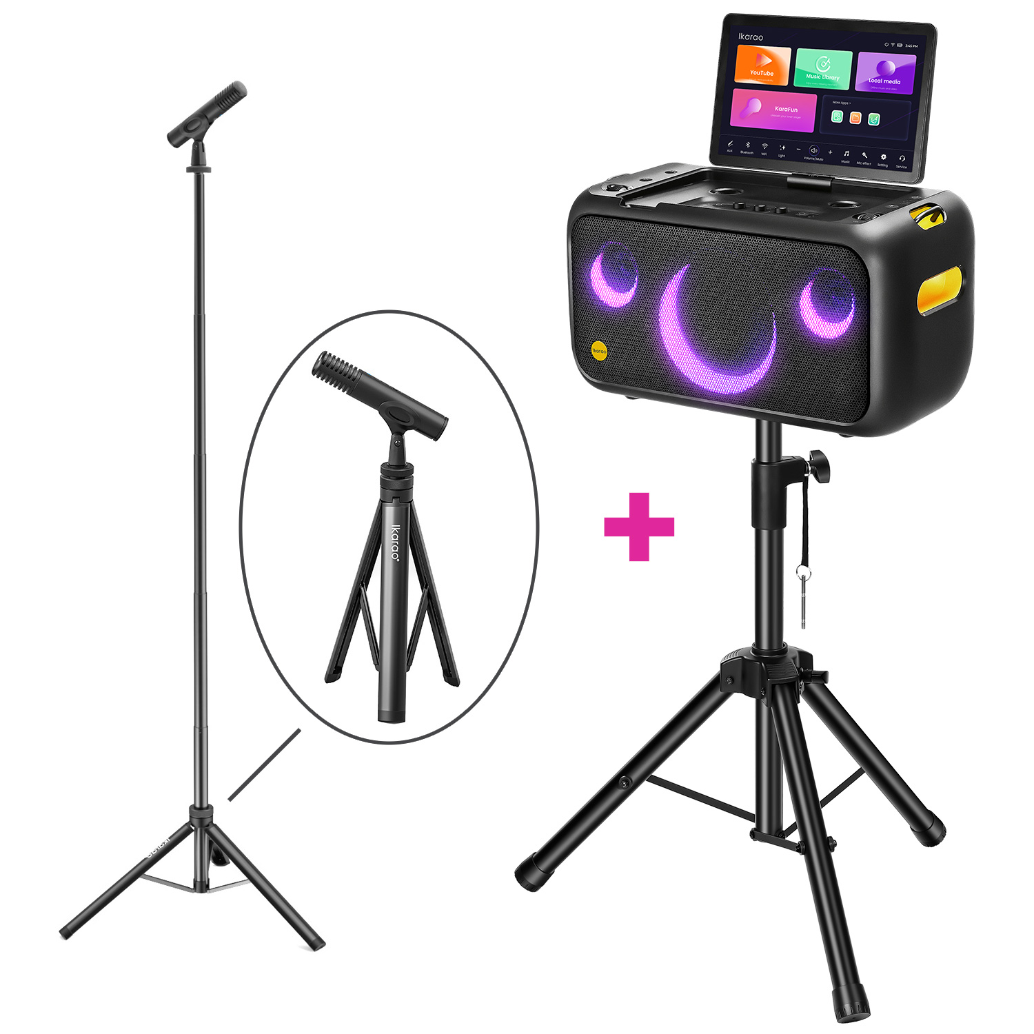 Tablet, hoparlör ve iki mikrofon içeren bir karaoke makinesi. Bir mikrofon sehpada, diğeri bir ekte gösteriliyor. Arka plan beyaz.