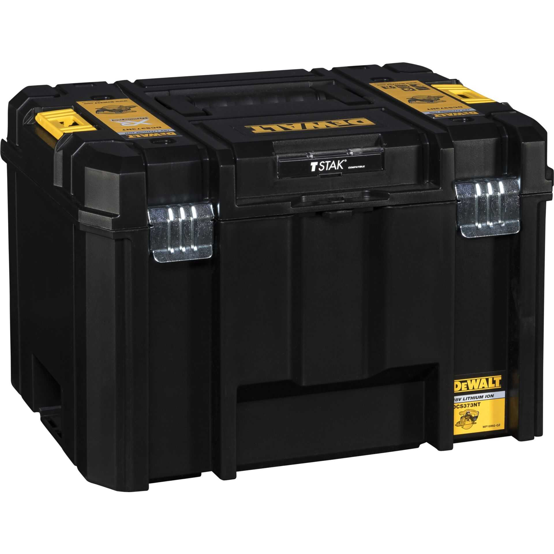 Schwarze DeWalt TSTAK-Werkzeugbox mit gelben Akzenten. Mit Griff, Verschlüssen und Etiketten. Die Box ist geschlossen.