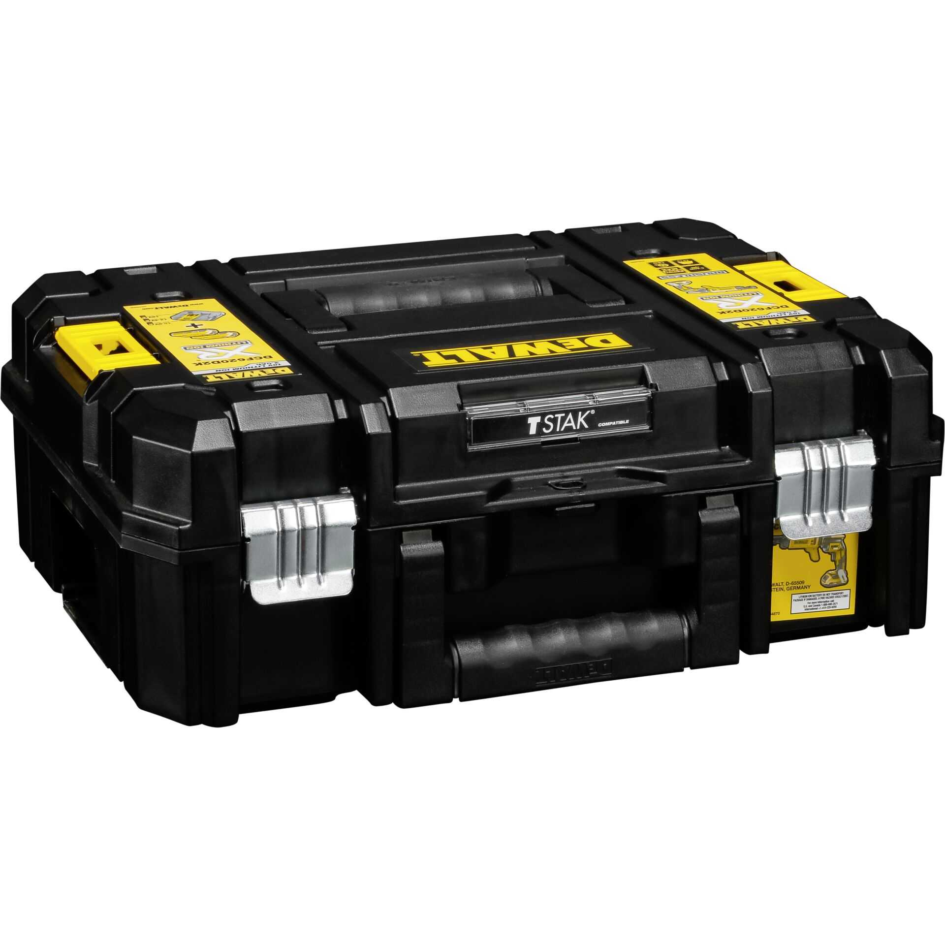 Schwarze DeWalt TSTAK-Werkzeugkiste mit gelben Akzenten. Sie hat einen Griff und Metallverschlüsse. Das DeWalt-Logo ist sichtbar.