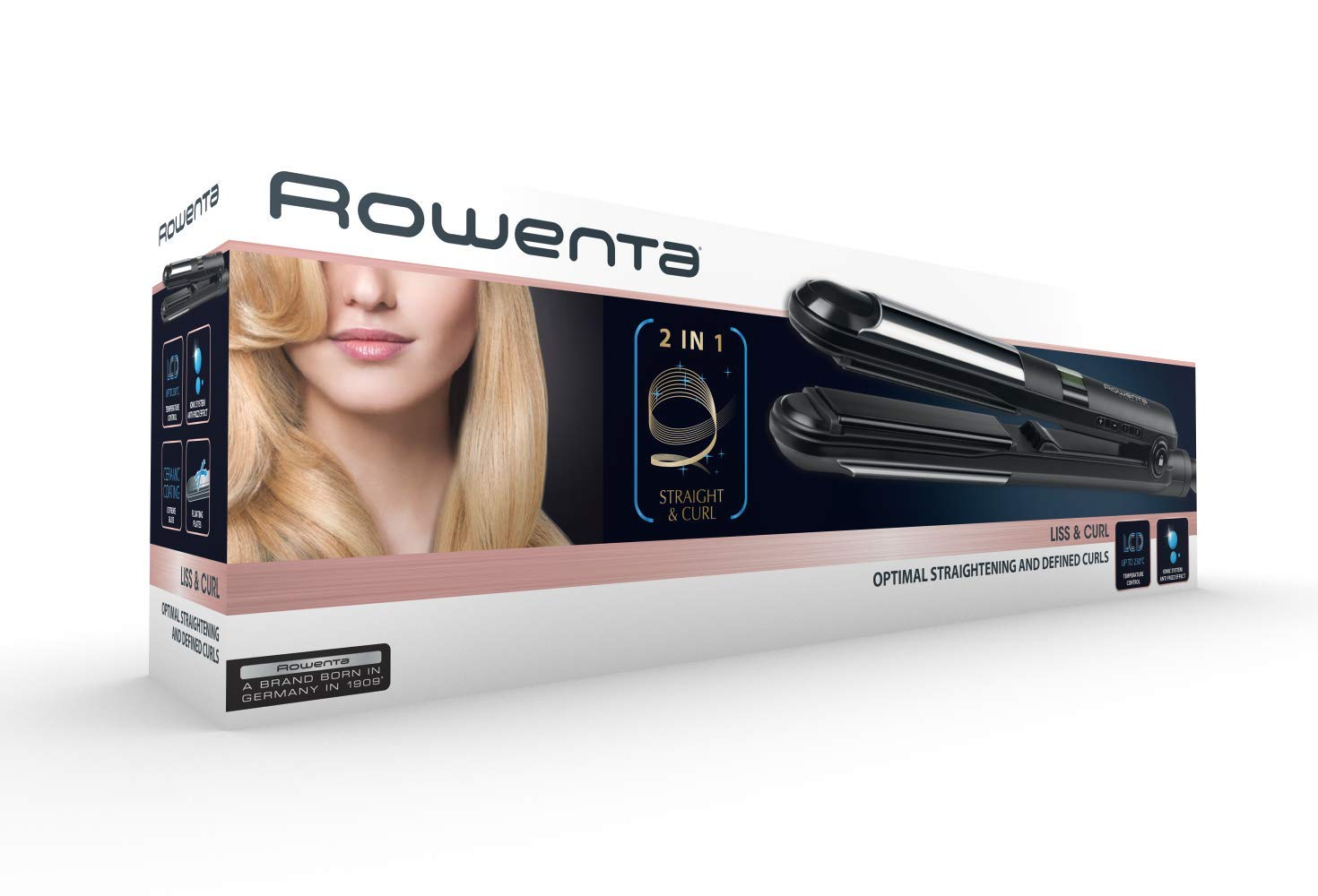 Rowenta Haarglätter-Box. Sie zeigt eine Frau mit blondem Haar, das Produkt und Details zu seinen Funktionen.