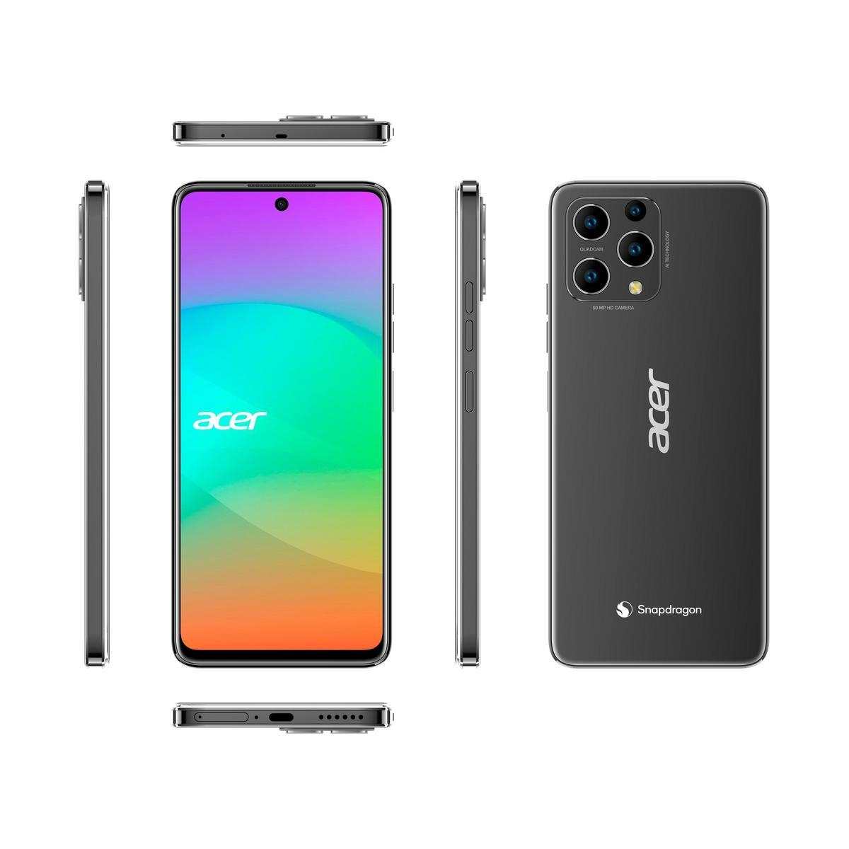 Smartphone Acer nero, con viste multiple: frontale, laterali e posteriore. Con schermo, fotocamera quadrupla e logo Snapdragon.