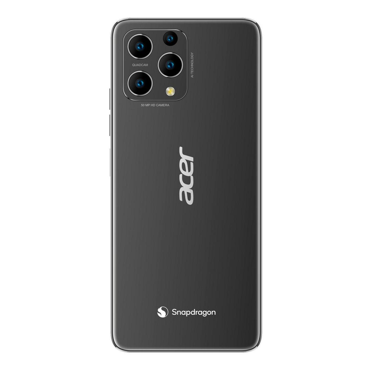 Retro smartphone Acer nero. Quad camera, 50 MP, logo Snapdragon. Logo Acer ed etichetta tecnologia AI visibili.