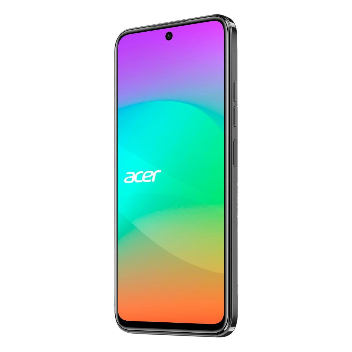 Uno smartphone Acer con display sfumato viola, verde e arancione. Il telefono ha una cornice nera e il logo Acer è visibile.