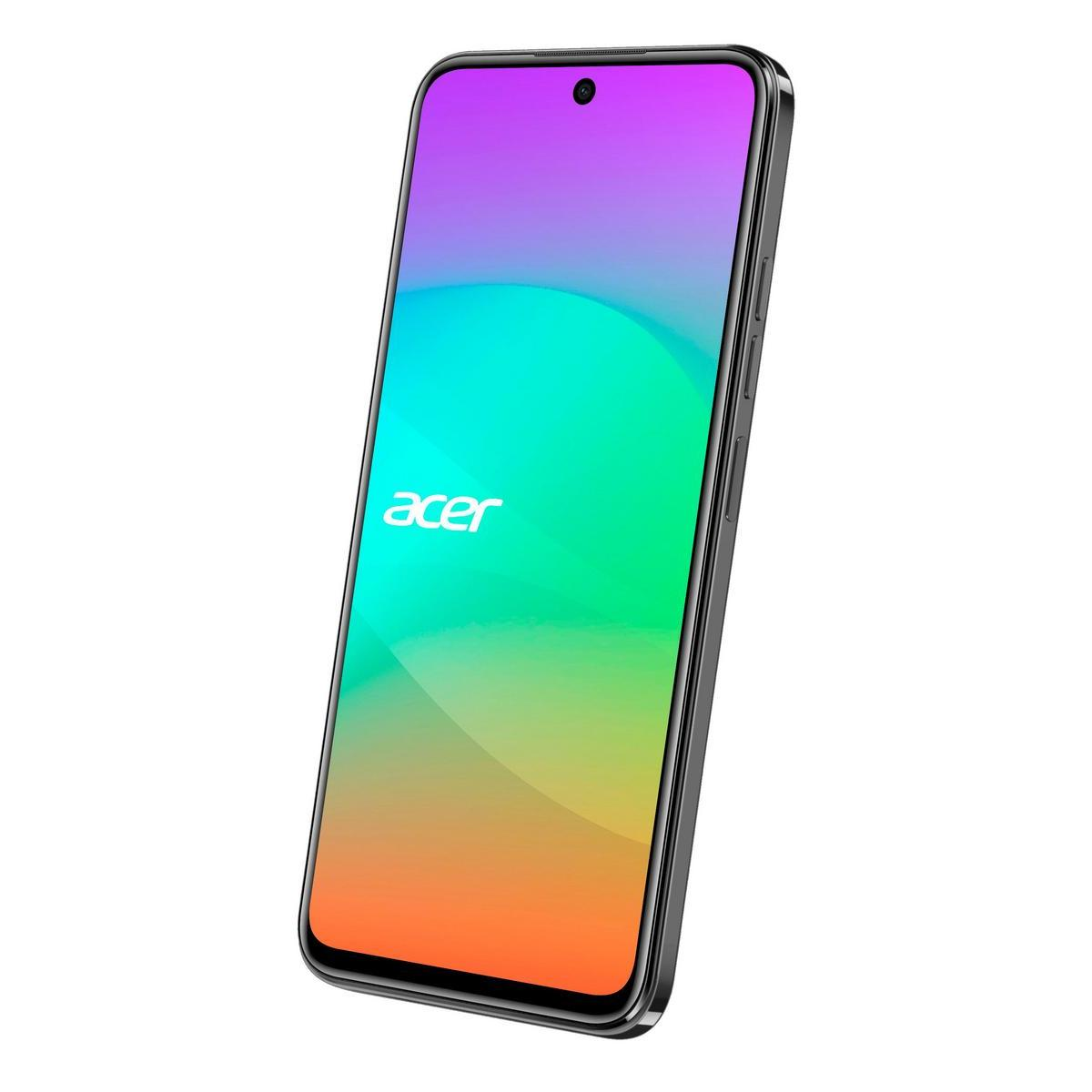 Uno smartphone con schermo sfumato. Lo schermo mostra il logo Acer e una sfumatura colorata. Il telefono è nero.