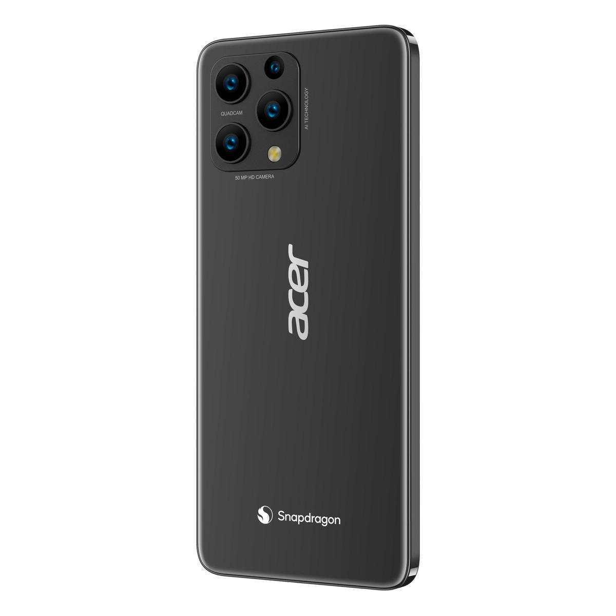 Uno smartphone Acer nero con configurazione quad-camera, logo Snapdragon e marchio Acer. Ha un design arrotondato e una finitura lucida.
