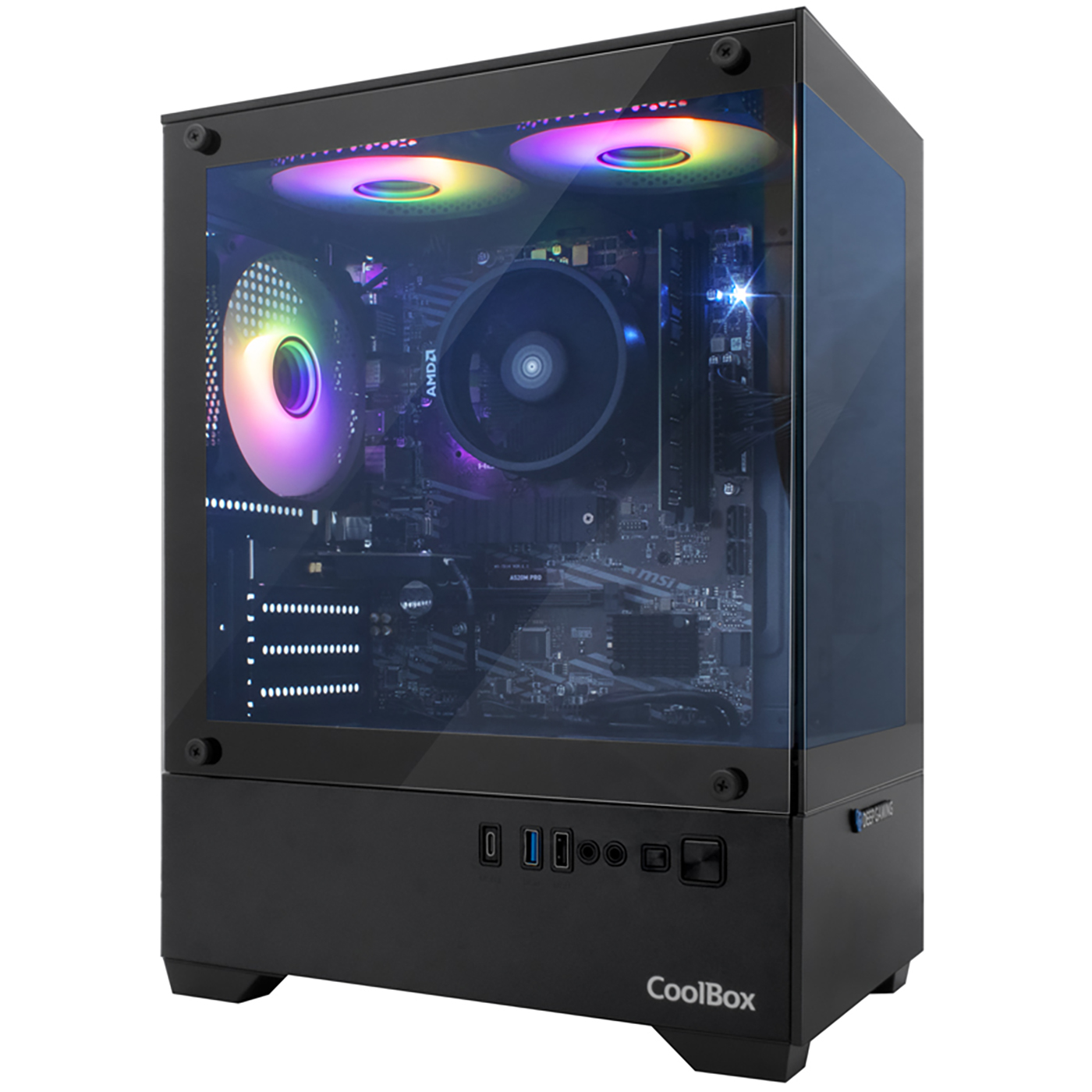 Una caja de ordenador negra con un panel lateral de vidrio, que muestra los componentes internos. Se ven ventiladores LED coloridos y un procesador AMD.