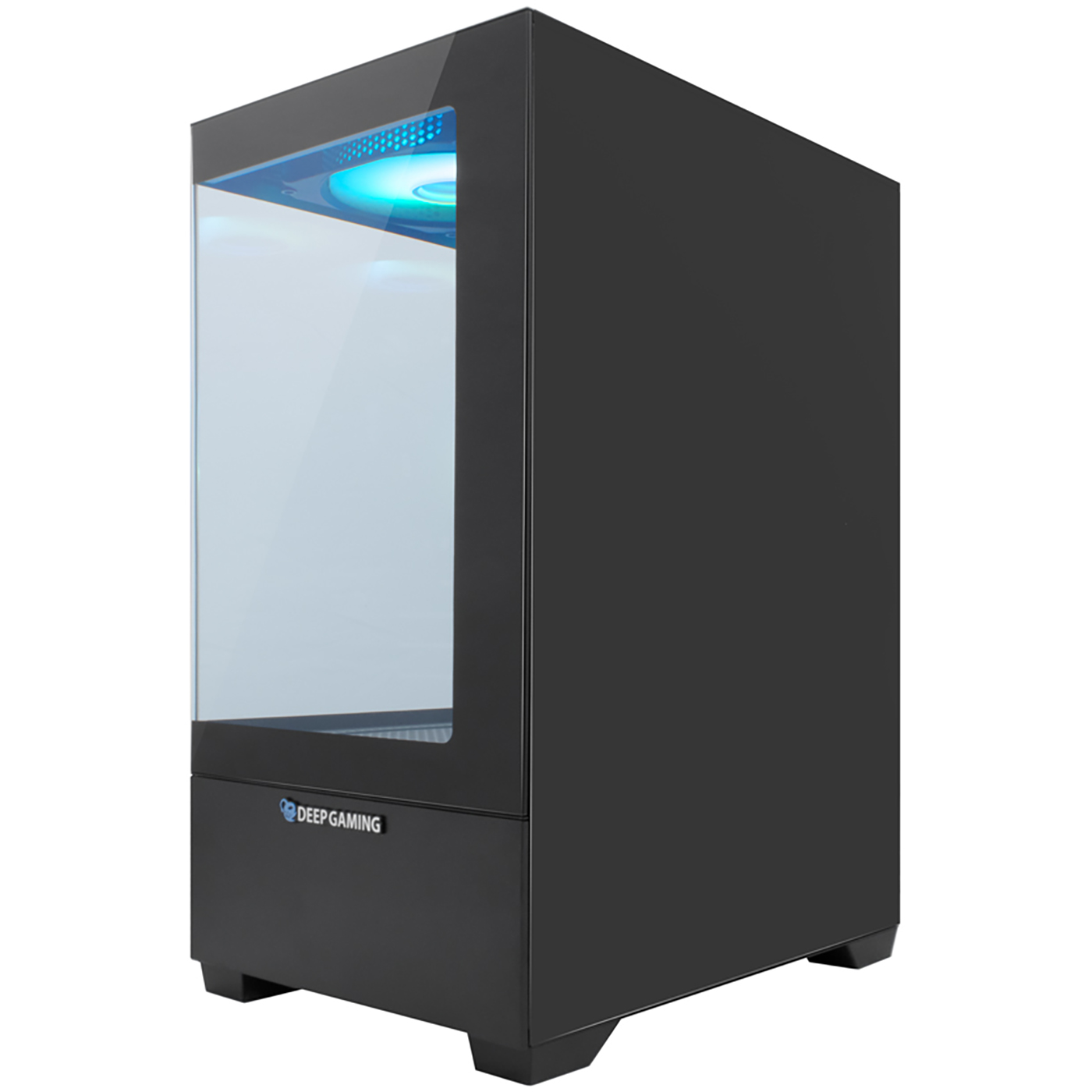Una caja de ordenador negra con un panel lateral de cristal. En el interior, se ve un ventilador iluminado en azul. El logotipo de Deep Gaming está en el frente.