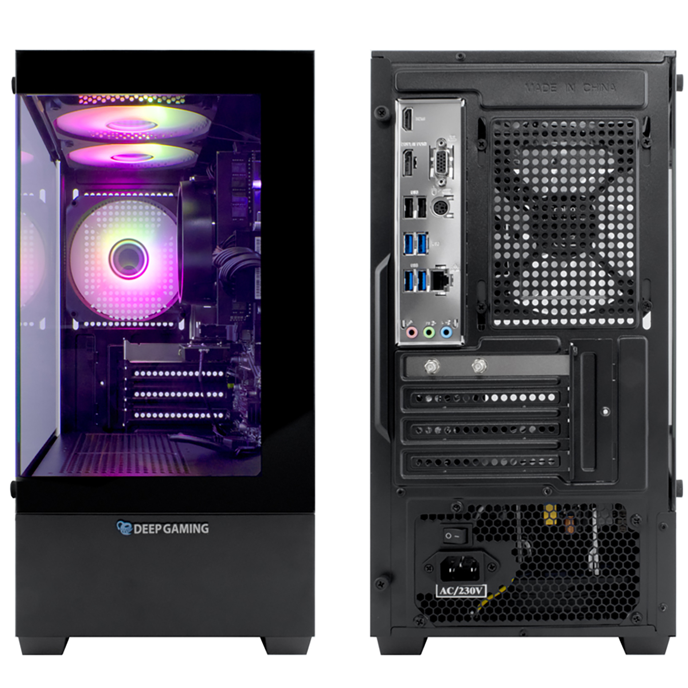 Se muestra una carcasa de ordenador, con la parte delantera y trasera abiertas. En el interior hay ventiladores y componentes. El logotipo de Deep Gaming es visible.