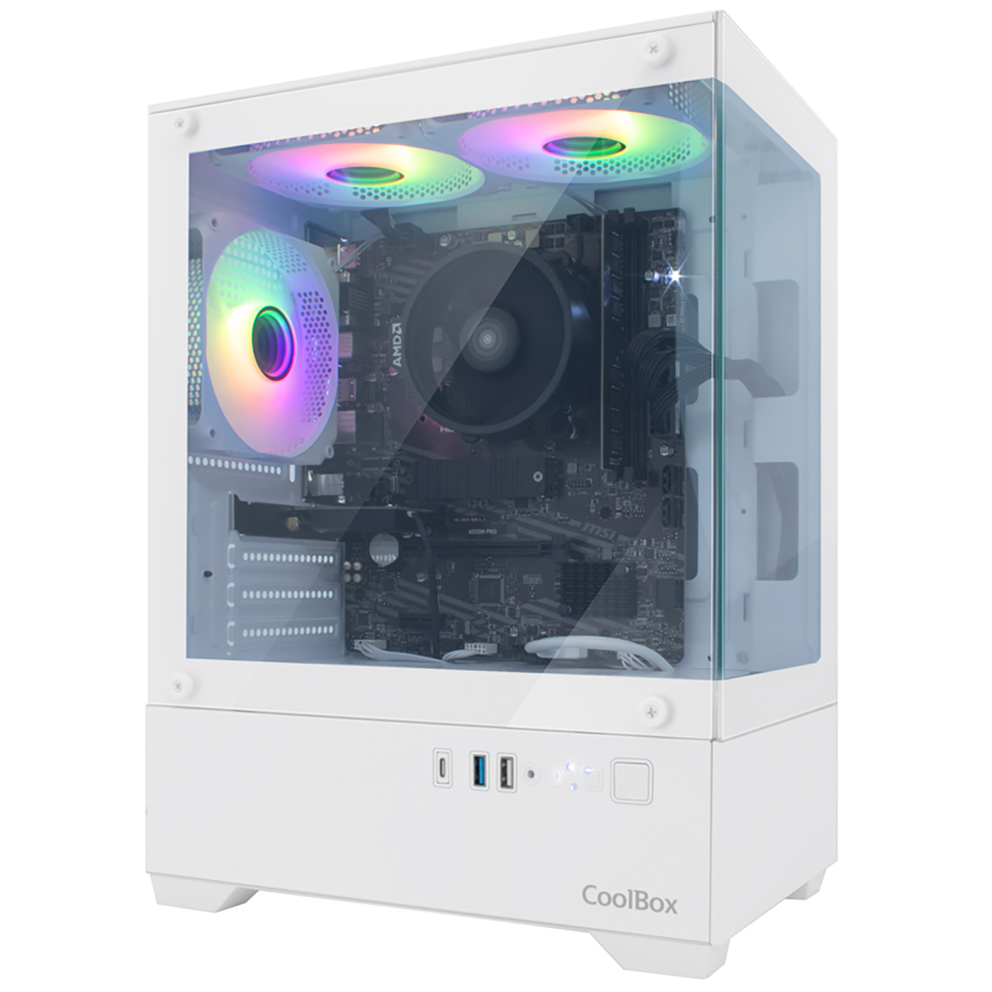 Caja de ordenador blanca con lateral de cristal. En el interior hay componentes como placa base, refrigerador de CPU y ventiladores con luces de colores. Tiene logo CoolBox.