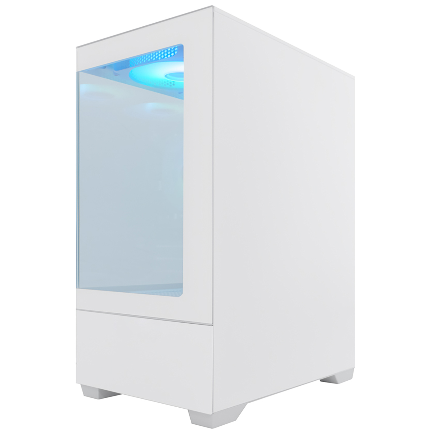 Una caja de ordenador blanca con un panel lateral de cristal. Tiene luces azules en el interior. La caja está sobre soportes blancos, limpia y moderna.