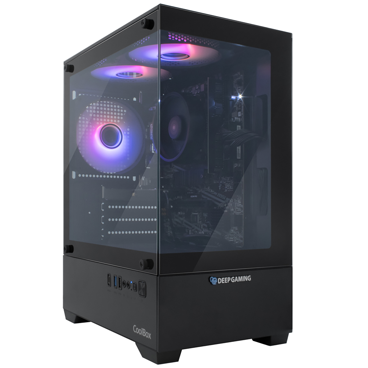 Una caja de ordenador negra con un panel lateral de cristal. En el interior, hay ventiladores con luces de colores y varios componentes visibles.